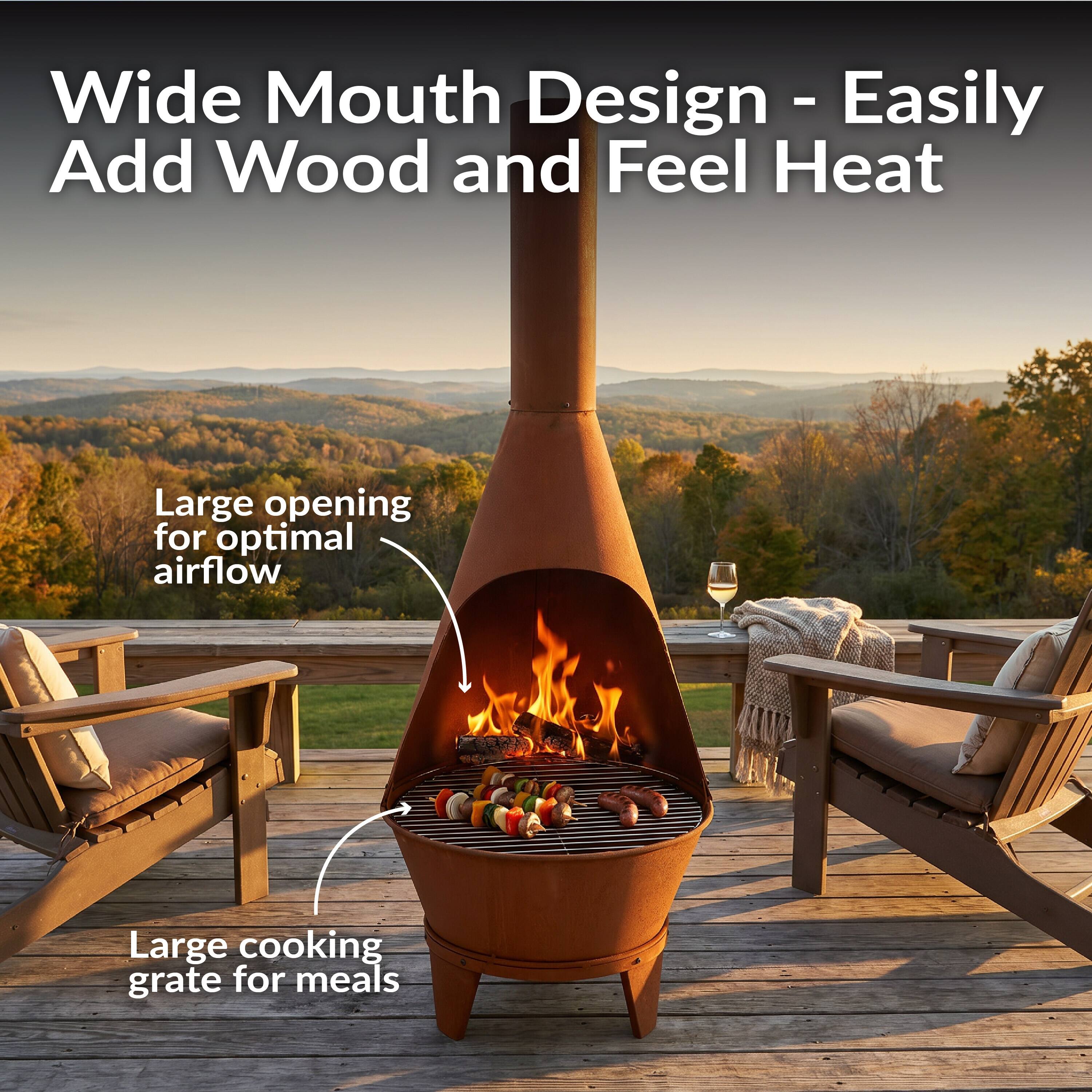Wide Mouth Design - Easily Add Wood and Feel Heat

Large opening for optimal airflow

Large cooking grate for meals
