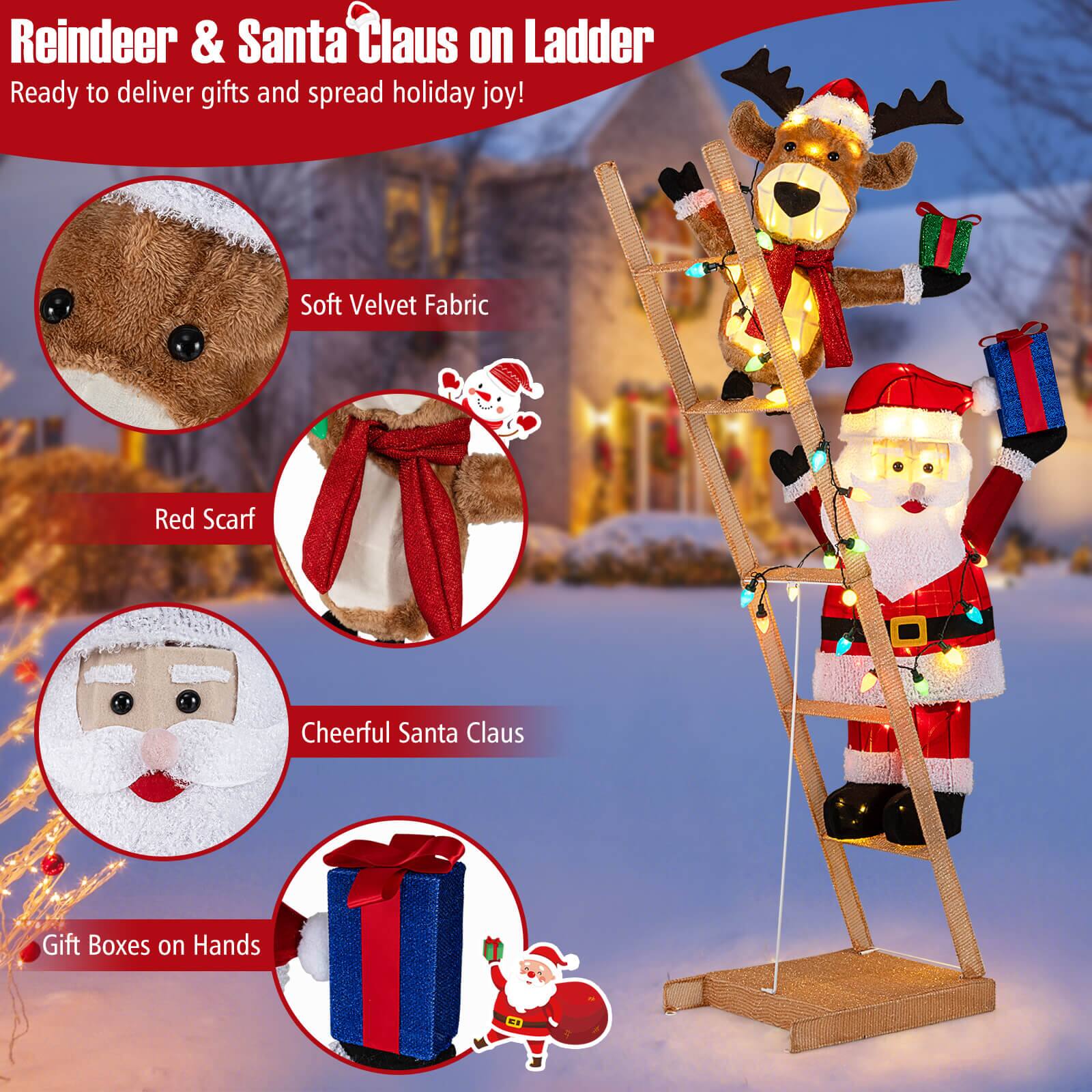Reindeer & Santa Claus on Ladder  
Ready to deliver gifts and spread holiday joy!

- Soft Velvet Fabric
- Red Scarf
- Cheerful Santa Claus
- Gift Boxes on Hands