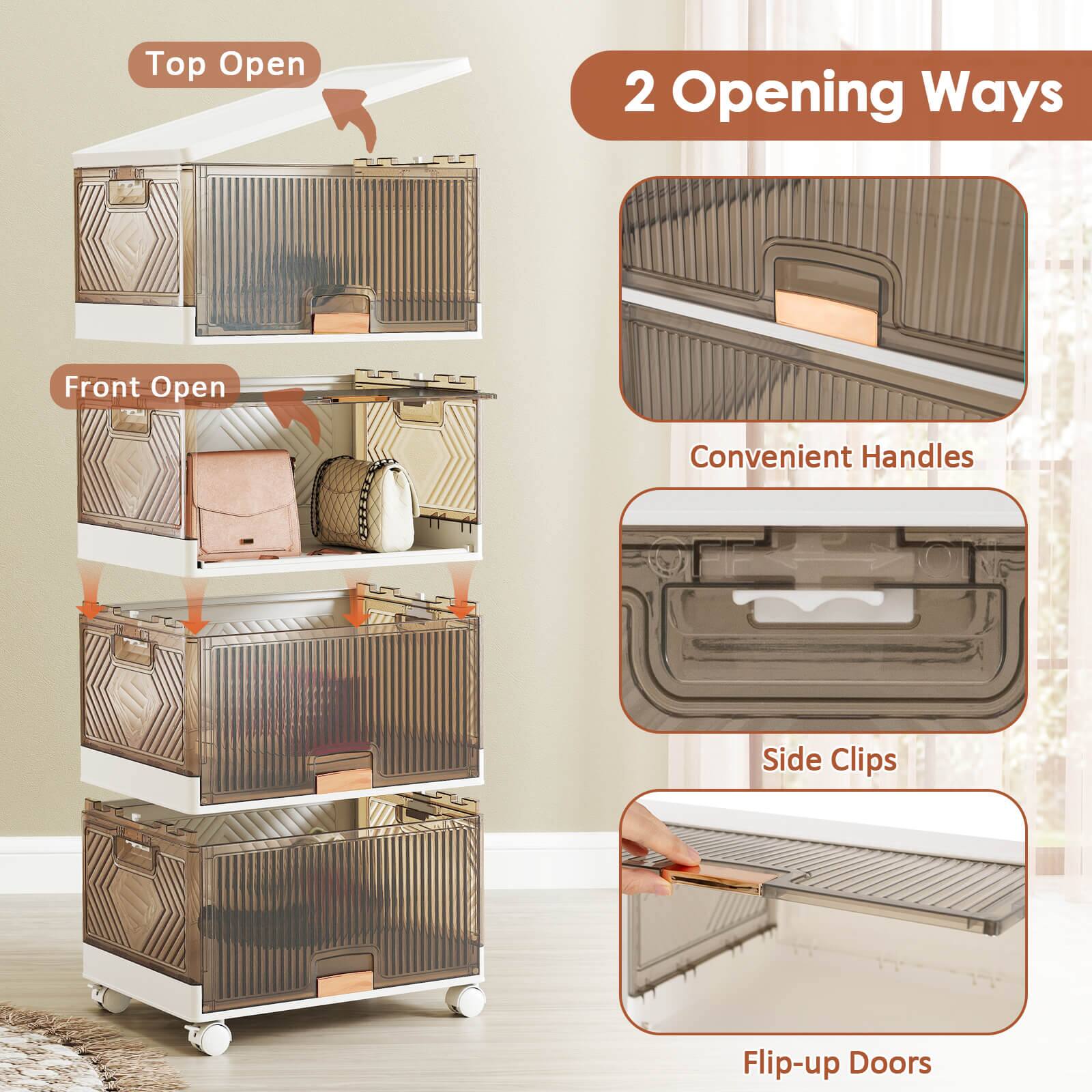 - Top Open
- Front Open
- 2 Opening Ways
- Convenient Handles
- Side Clips
- Flip-up Doors