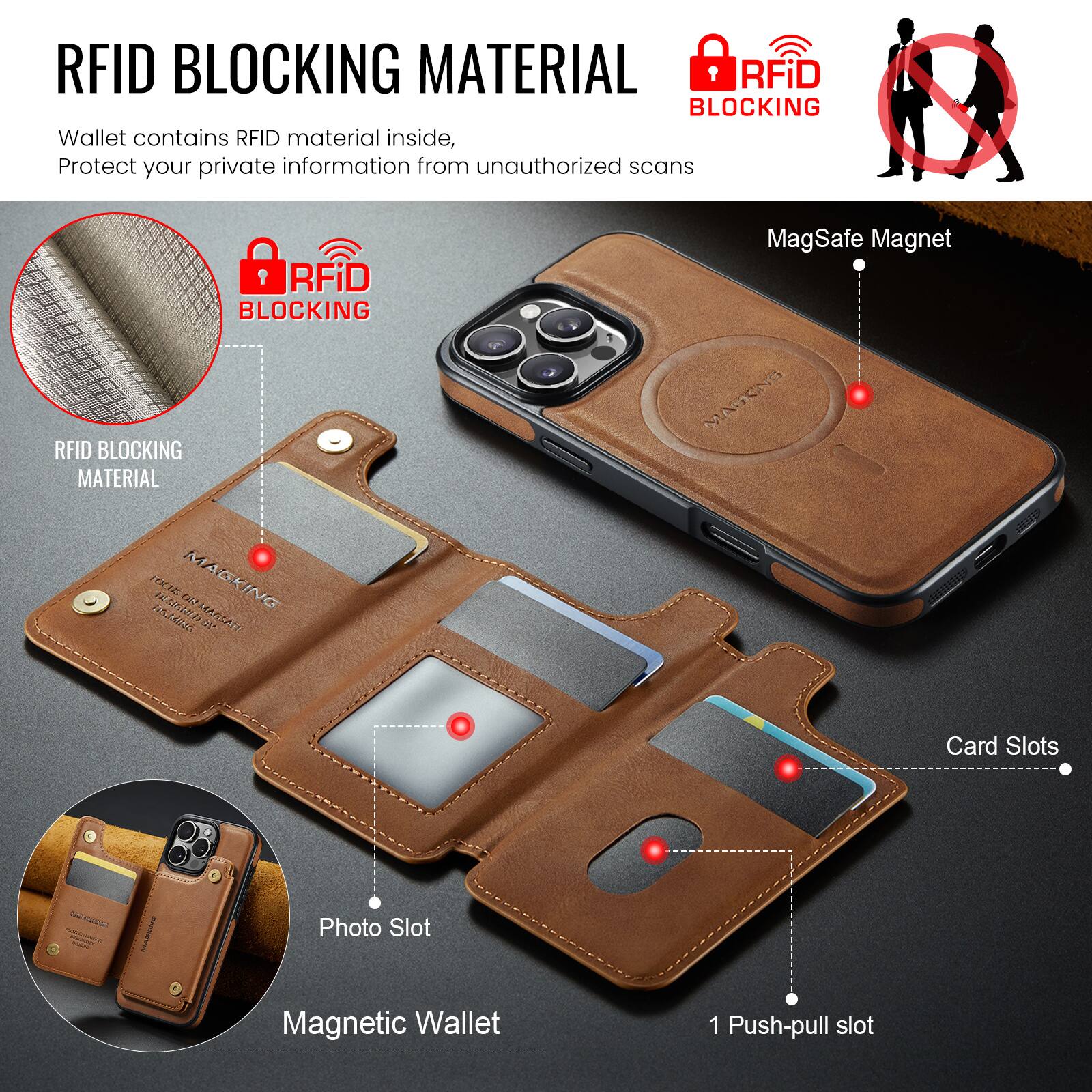 RFID BLOCKING MATERIAL

Wallet contains RFID material inside, Protect your private information from unauthorized scans

RFID BLOCKING MATERIAL

RFID BLOCKING

MagSafe Magnet

Card Slots

Photo Slot

Magnetic Wallet

1 Push-pull slot