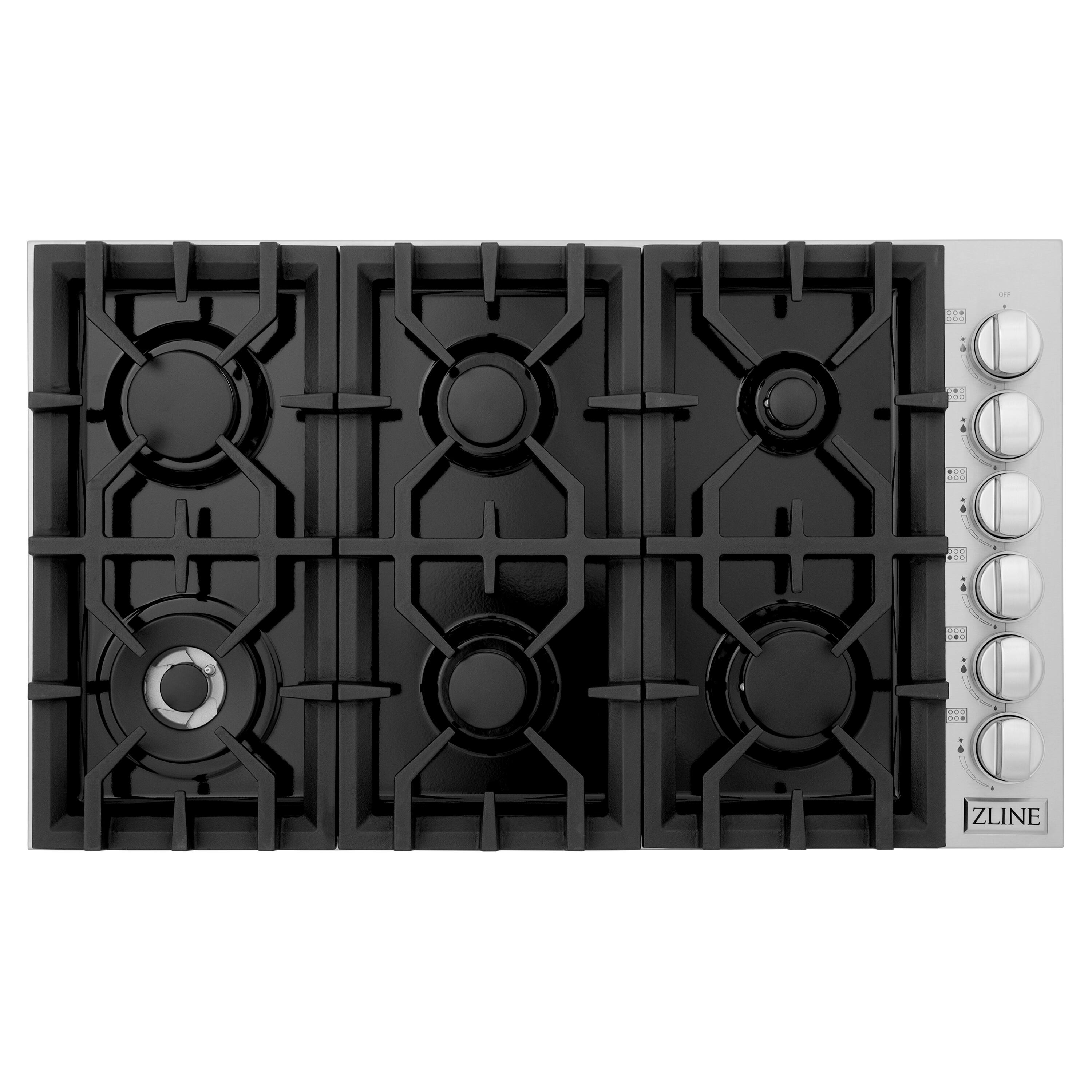 Left. ZLINE - ZLINE 36 in. Gas Cooktop with 6 Burners and Porcelain Top (RC36-PBT) - Black.
