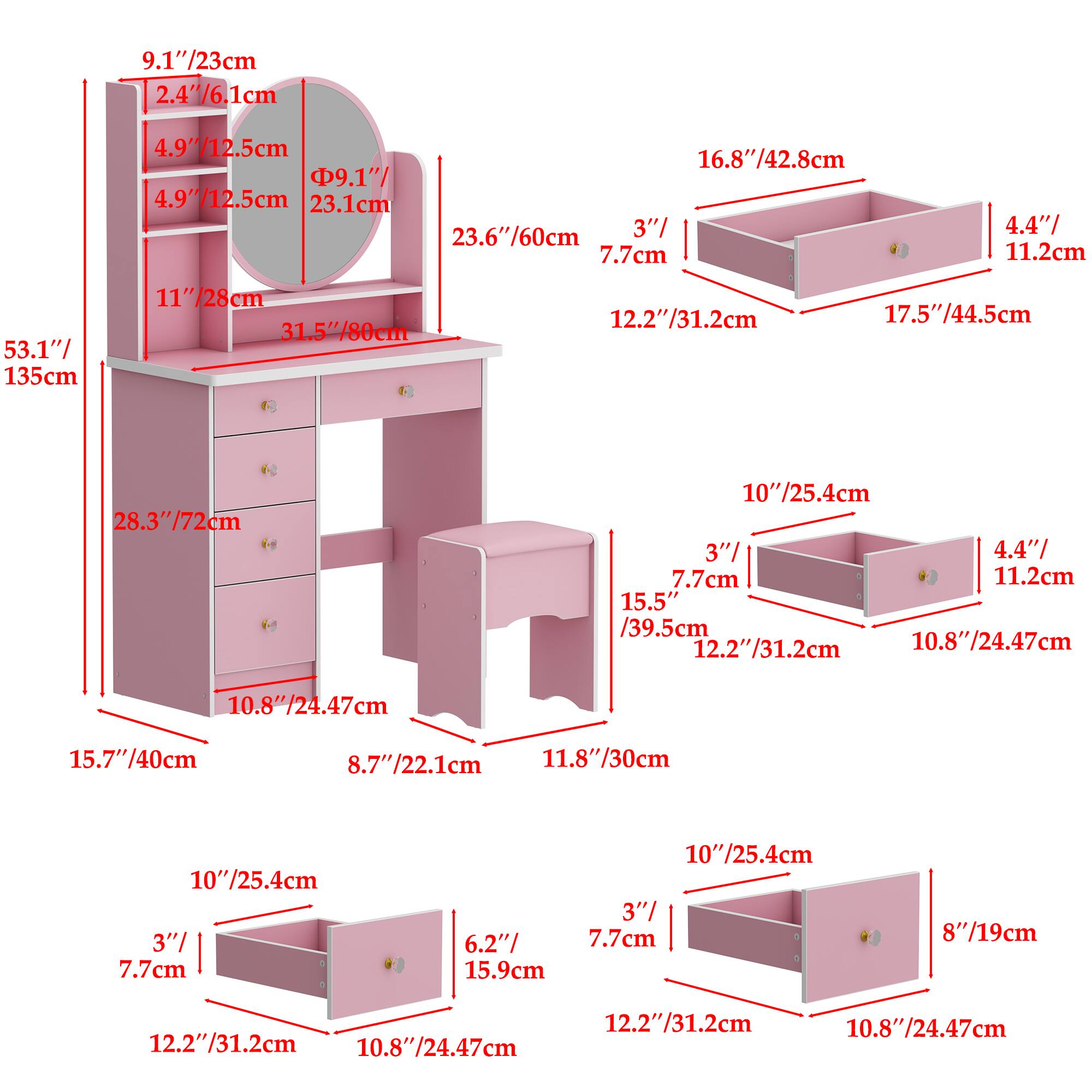 Here is the corrected and grouped text from the image:

- 9.1"/23cm
- 2.4"/6.1cm
- 4.9"/12.5cm
- 16.8"/42.8cm
- 23.1cm
- 23.6"/60cm
- 3"/7.7cm
- 4.4"/11.2cm
- 53.1"/135cm
- 11"/28cm
- 31.5"/80cm
- 12.27"/31.2cm
- 17.5"/44.5cm
- 28.3"/72cm
- 10"/25.4cm
- 3"/7.7cm
- 11.2cm
- 15.5"/39.5cm
- 10.8"/24.47cm
- 15.7"/40cm
- 8.77"/22.1cm
- 11.8"/30cm
- 10"/25.4cm
- 3"/7.7cm
- 6.2"/15.9cm
- 87/19cm
- 12.22"/31.2cm
- 10.8"/24.47cm
