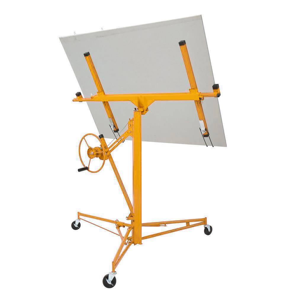 Left. Winado - 11FT Drywall Rolling Lifter Panel Hoist Jack with Lockable Casters & Tilting Cradle for Ceiling and Wall Installation - yellow.