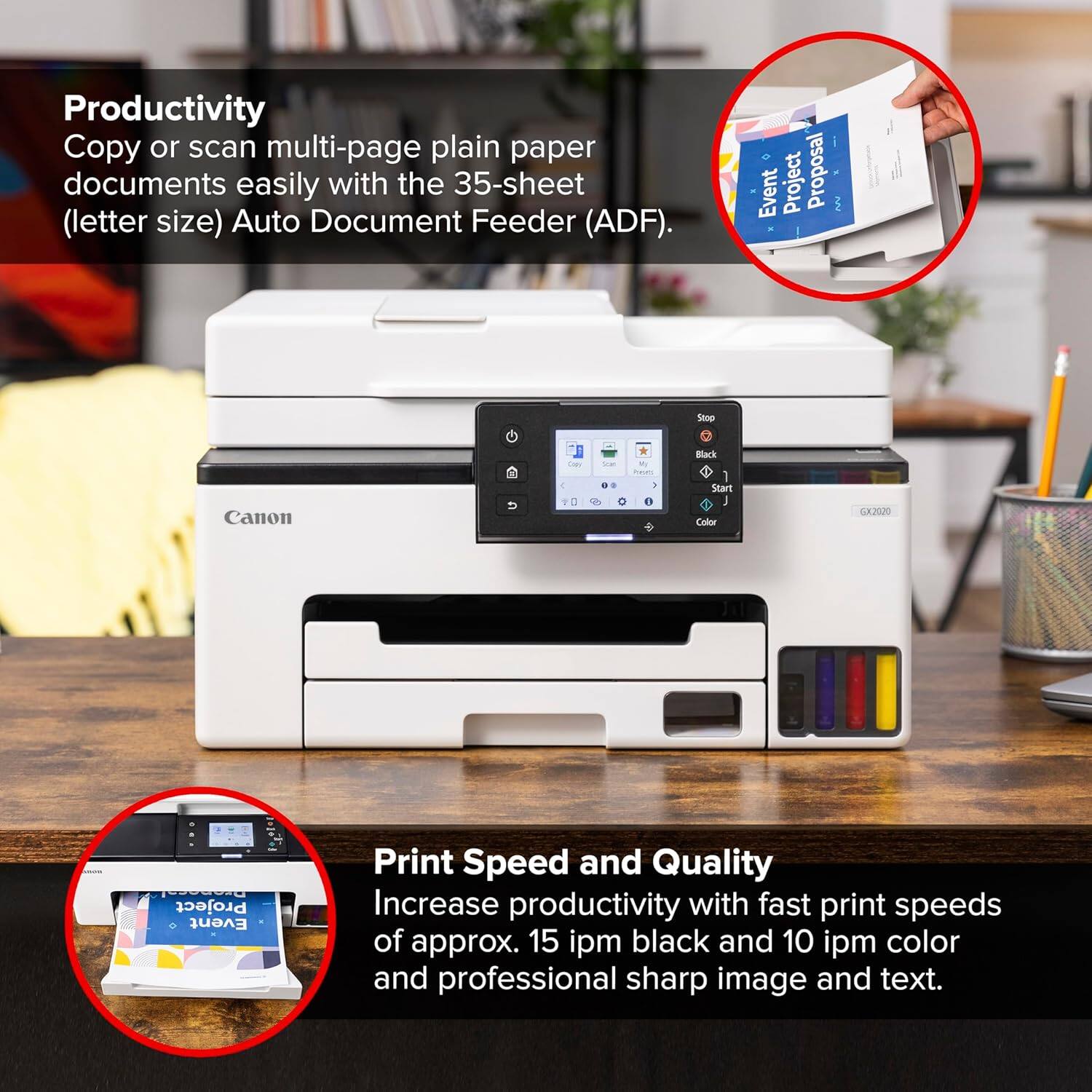 Productivity  
Copy or scan multi-page plain paper documents easily with the 35-sheet (letter size) Auto Document Feeder (ADF).

Print Speed and Quality  
Increase productivity with fast print speeds of approx. 15 ipm black and 10 ipm color and professional sharp image and text.