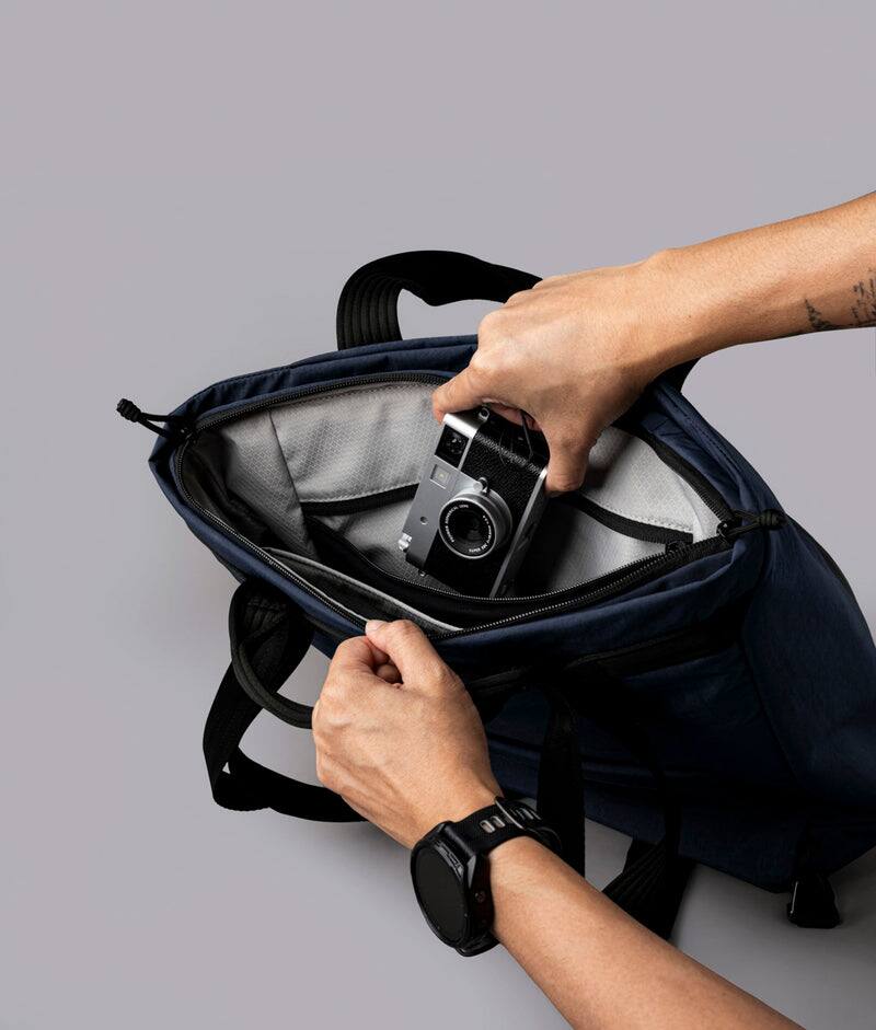 Alt View 4. ALPAKA - Flow Totepack Laptop Backpack for Men, 16" Laptop Compartment + 11" Tablet Sleeve, Tote/Backpack, Bottle Pocket - Moonlight Blue Axoflux 400D Washed Nylon.