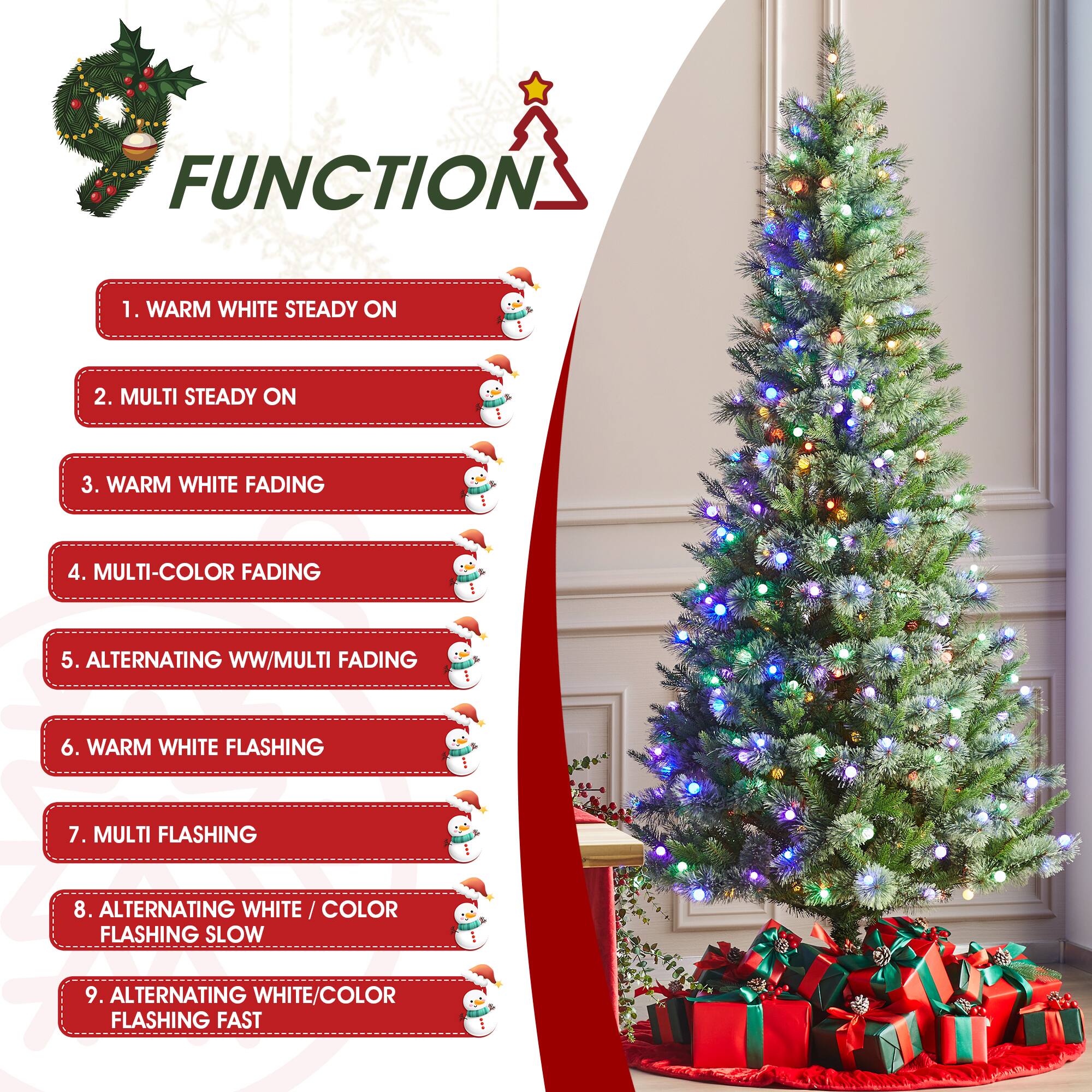 FUNCTION
1. WARM WHITE STEADY ON
2. MULTI STEADY ON
3. WARM WHITE FADING
4. MULTI-COLOR FADING
5. ALTERNATING WW/MULTI FADING
6. WARM WHITE FLASHING
7. MULTI FLASHING
8. ALTERNATING WHITE/COLOR FLASHING SLOW
9. ALTERNATING WHITE/COLOR FLASHING FAST