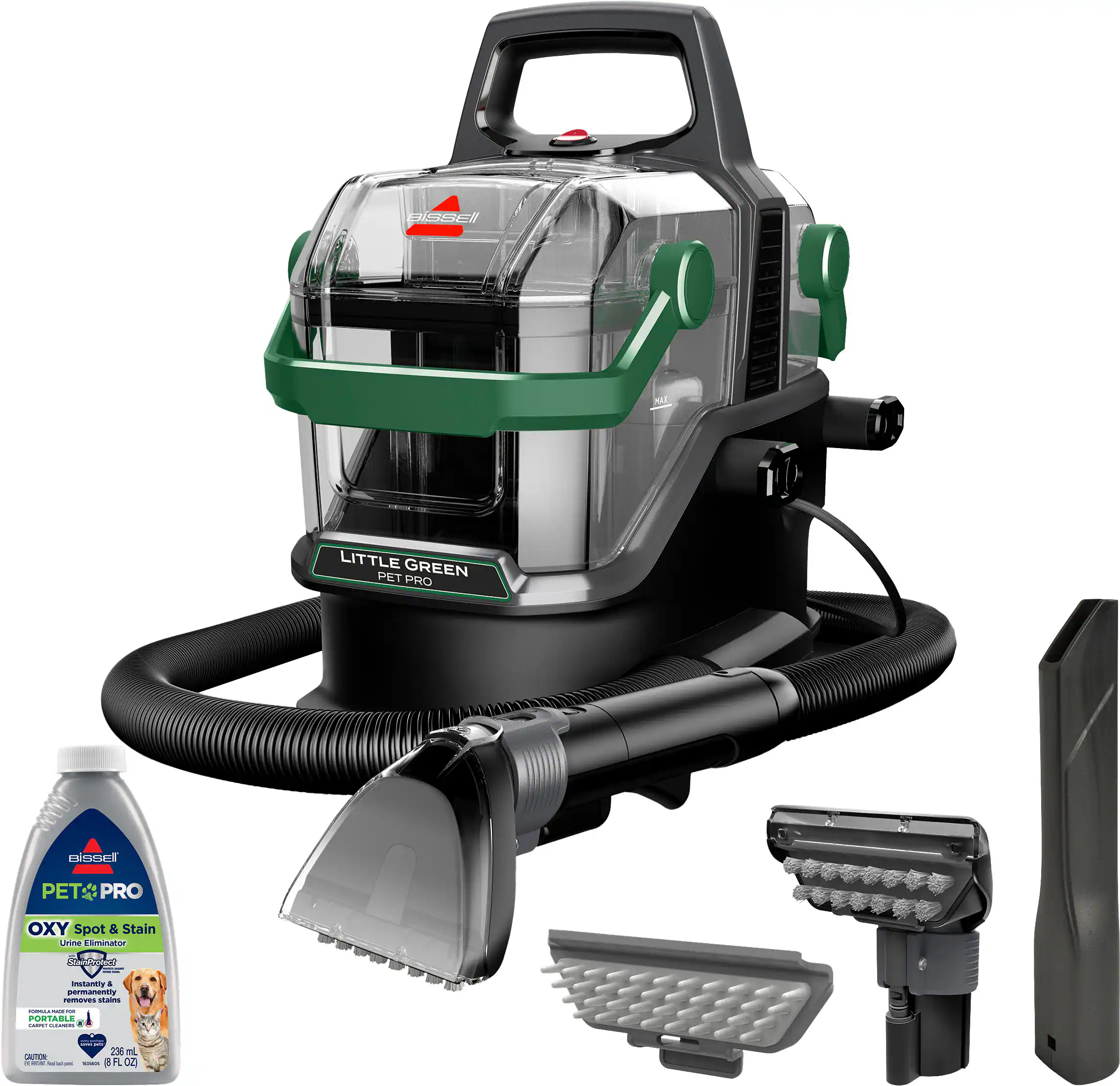 The image shows a Little Green Pet Pro machine, which is a portable vacuum cleaner. The machine is designed to clean up pet hair and dirt, making it a useful tool for pet owners. The machine is accompanied by a bottle of Pet Pro Oxy & Stain Uinilator, which is a spot and stain remover that can be used to clean up any messes left behind by pets. The combination of the vacuum cleaner and the stain remover makes this a complete pet cleaning solution.