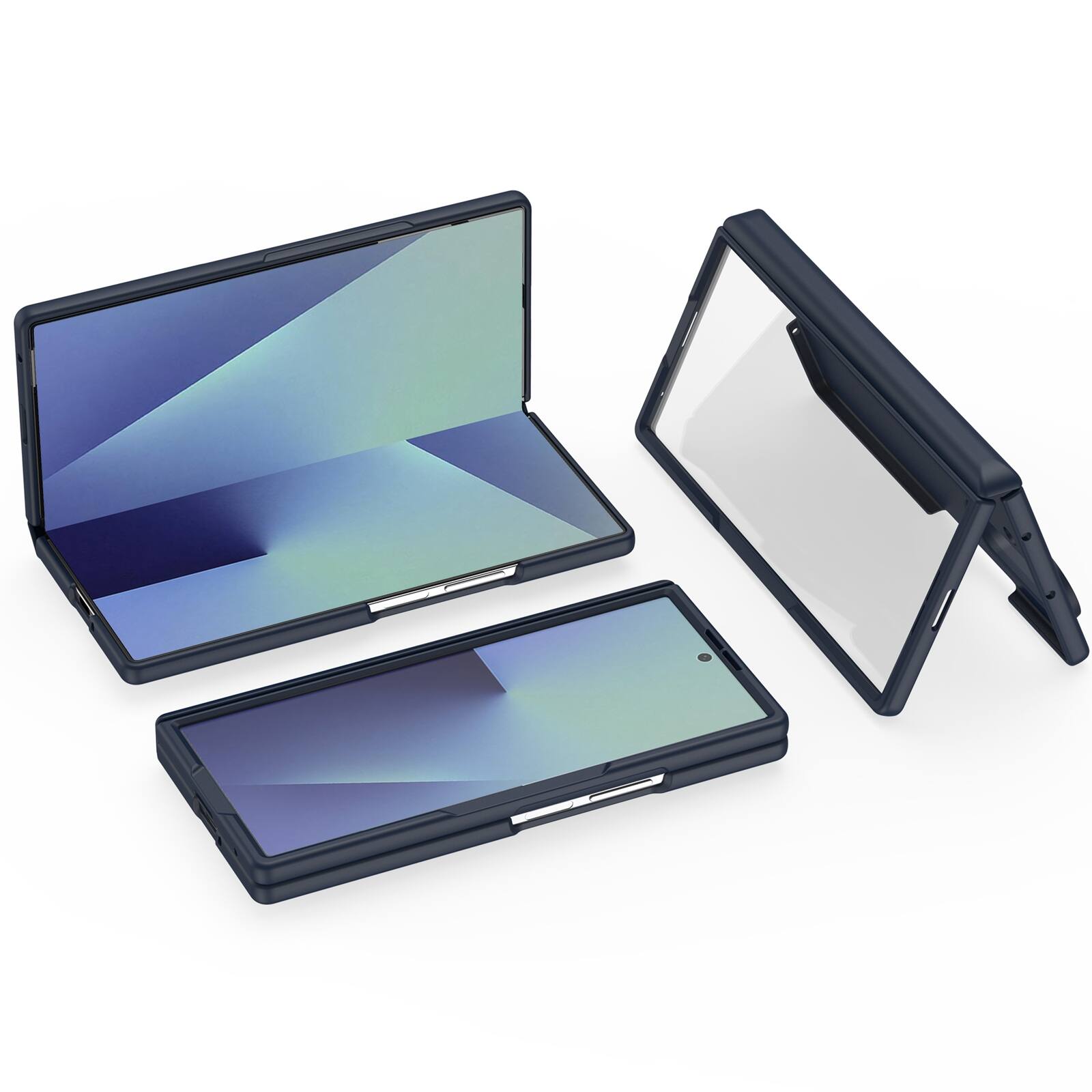 Angle. Dteck - Shockproof Case for Samsung Galaxy Z Fold7 with Built-in Glass Screen Protector, Rigid Hard PC Hinge Protective Cover - Darkblue.