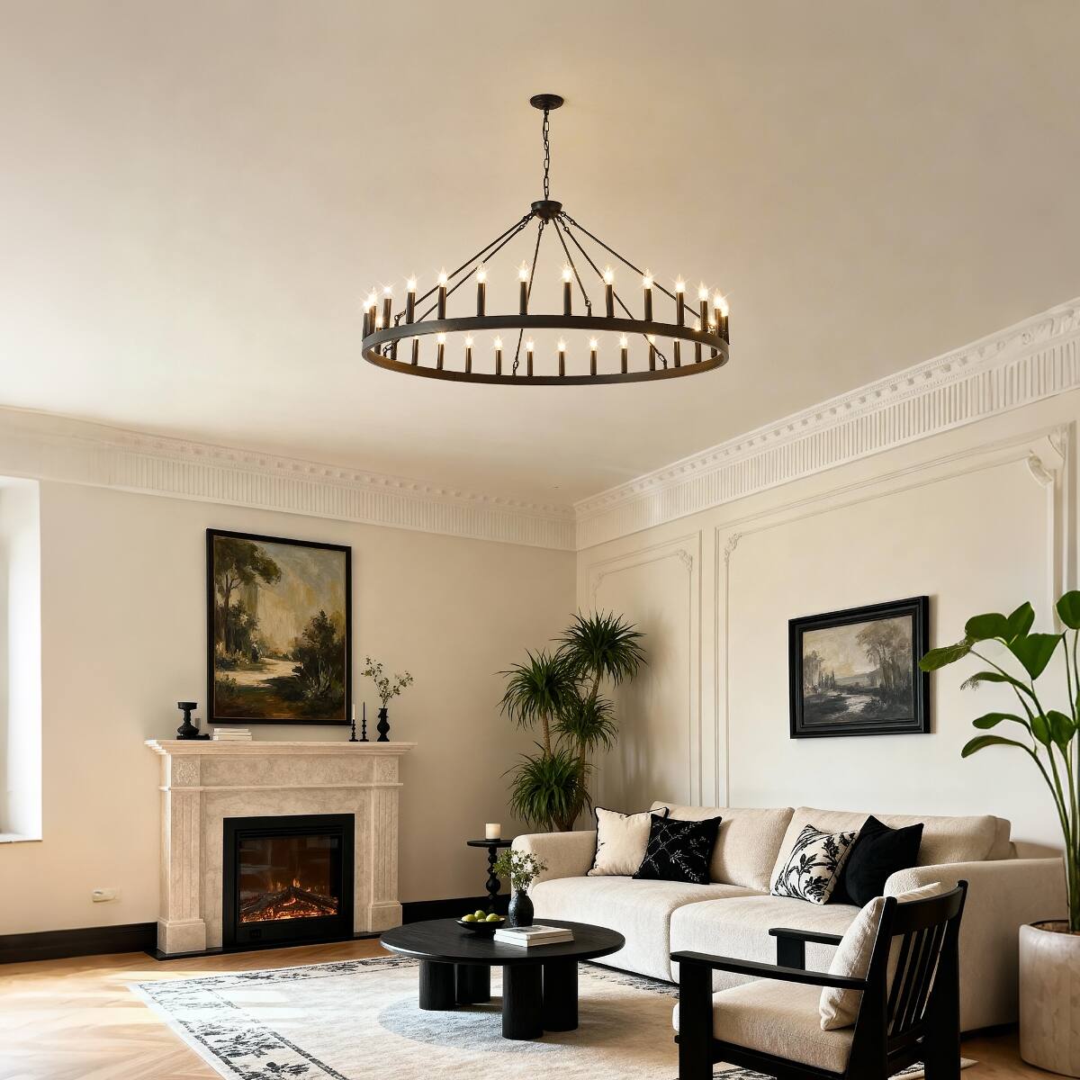 Alt View 6. Loheer - Loheer Matte Black Wagon Wheel Chandelier, Thirty Light E12 Farmhouse Ceiling Fixture for Large Rooms.