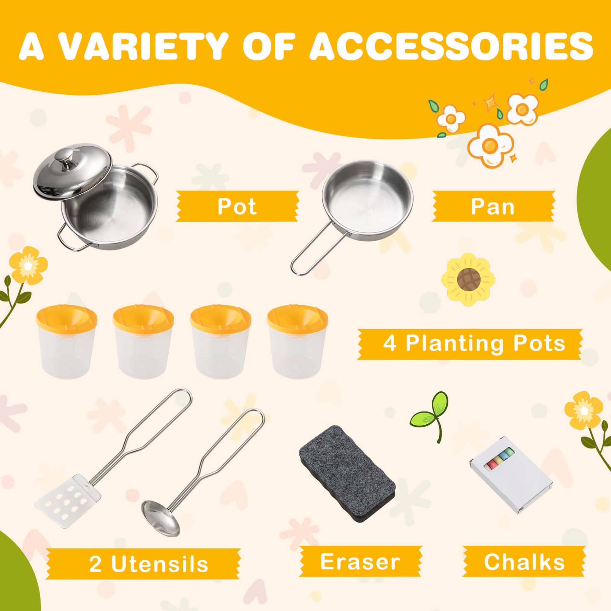 A VARIETY OF ACCESSORIES

- Pot
- Pan
- 4 Planting Pots
- 2 Utensils
- Eraser
- Chalks