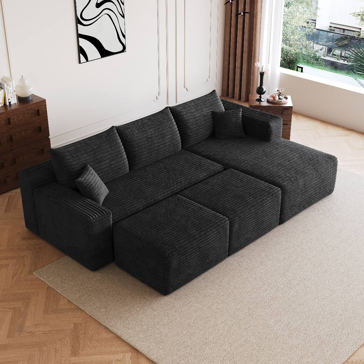 Back. Ropilly - Ropilly 95 Inch U Shaped Sectional Sofa Black Corduroy Upholstered Couch with 2 Ottomans No Assembly - Black.
