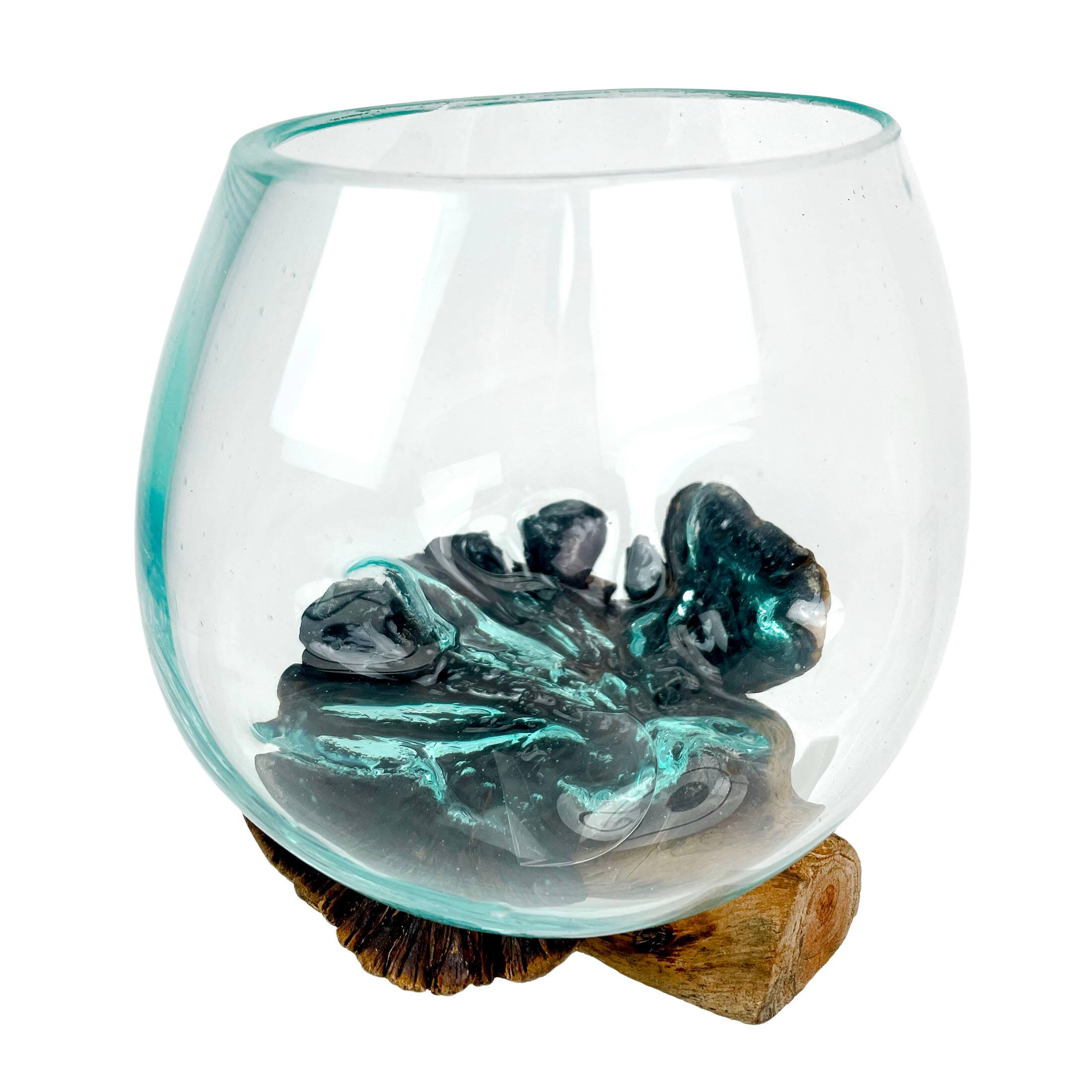 Alt View 8. Zeckos - Set of 2 Blown Molten Glass On Burl Wood Decorative Bowls Vases Terrariums - Brown.