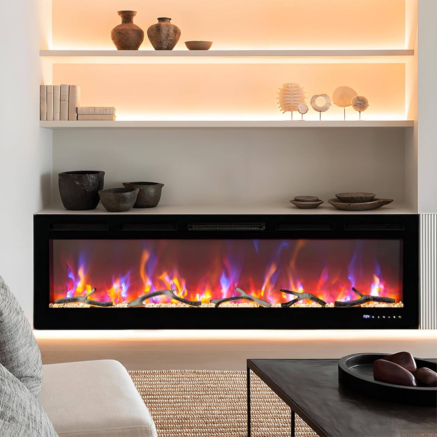 Back. Qeetex - 50" Built-in Electric Fireplace, Voice Control & Remote, 12 Flame Colors, Low Noise, Energy Efficient - Black.
