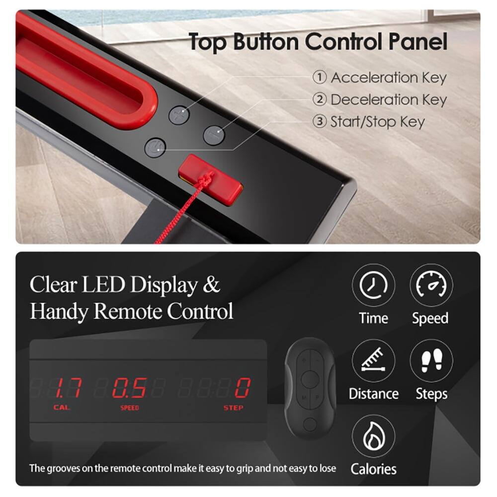 Top Button Control Panel  
1. Acceleration Key  
2. Deceleration Key  
3. Start/Stop Key  

Clear LED Display & Handy Remote Control  
- Time  
- Speed  
- Distance  
- Steps  
- Calories  

The grooves on the remote control make it easy to grip and not easy to lose.