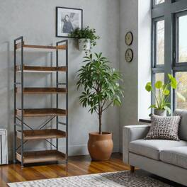 Hivvago - Rustic Industrial 6-Tier Storage Bookcase with Open Display Shelving and Hooks - Brown
