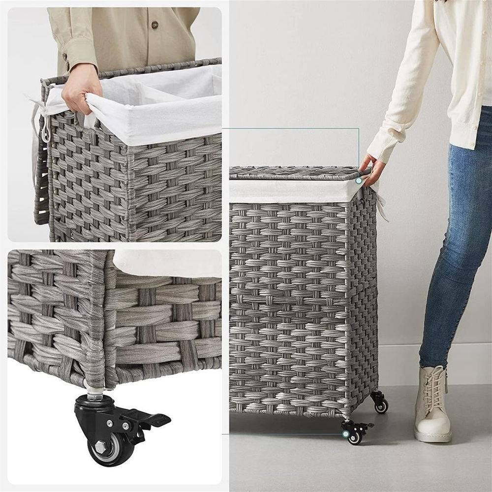Back. Hivvago - Handwoven Grey PP Rattan 3-Bag Laundry Basket Cart with Cotton Liner on Wheels - Gray.