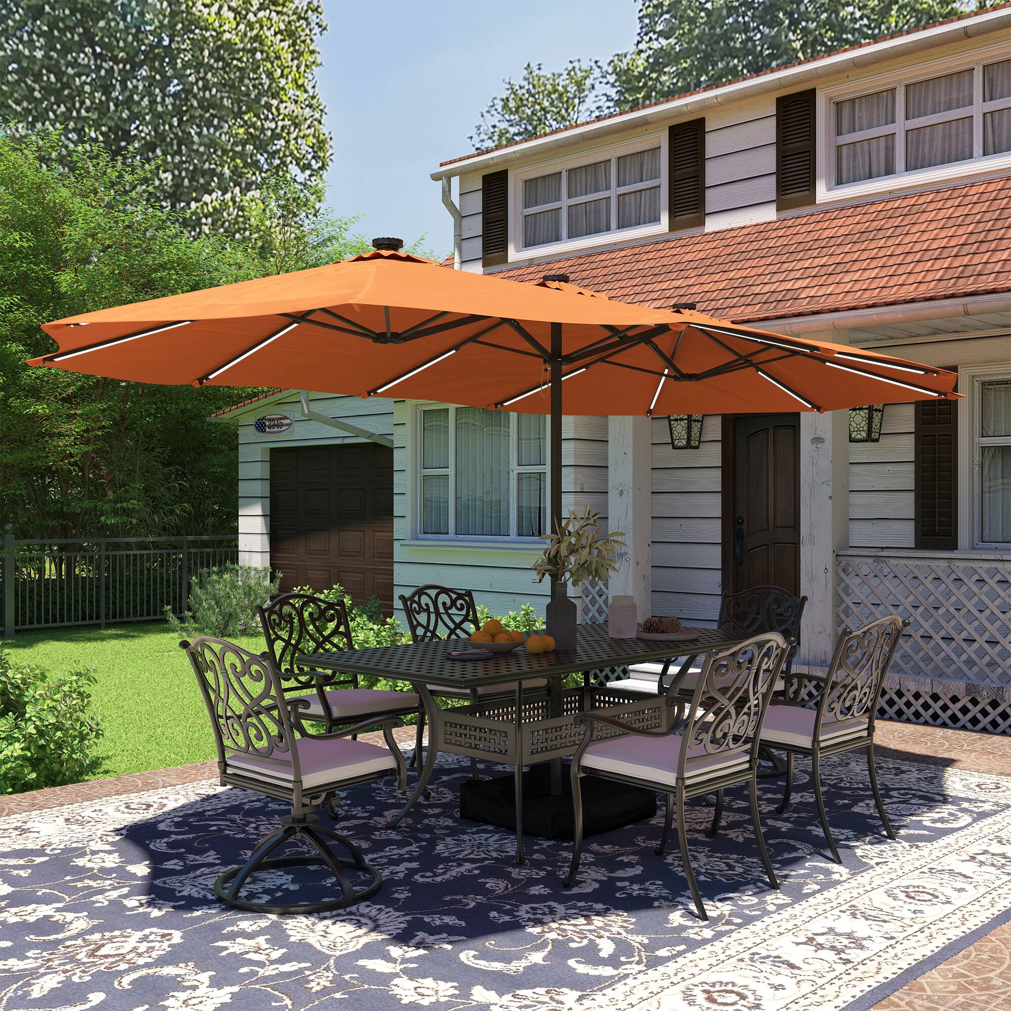 Mondawe - 15ft Patio Maket Umbrella Solar light strip Double-sided umbrella with base - Orange