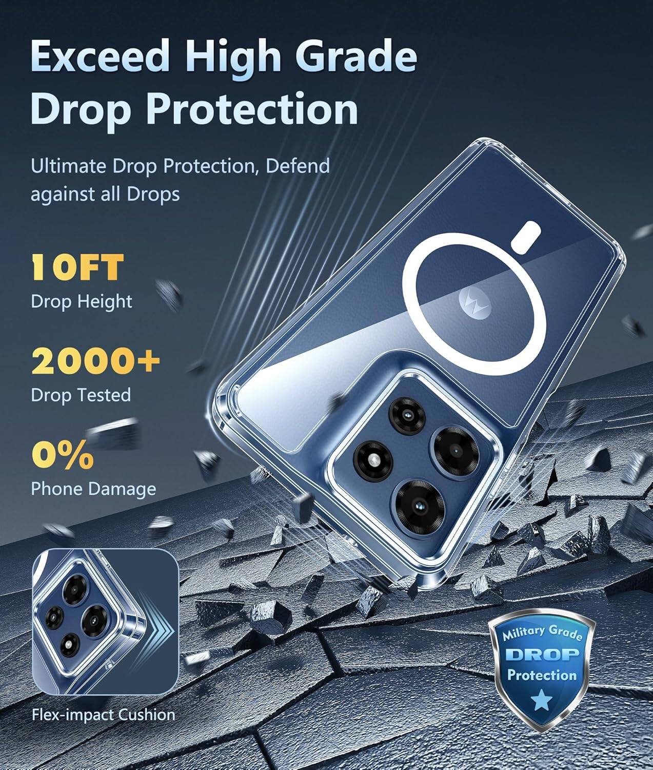 Exceed High Grade Drop Protection

Ultimate Drop Protection, Defend against all Drops

10FT Drop Height

2000+ Drop Tested

0% Phone Damage

Flex-impact Cushion

Military Grade DROP Protection