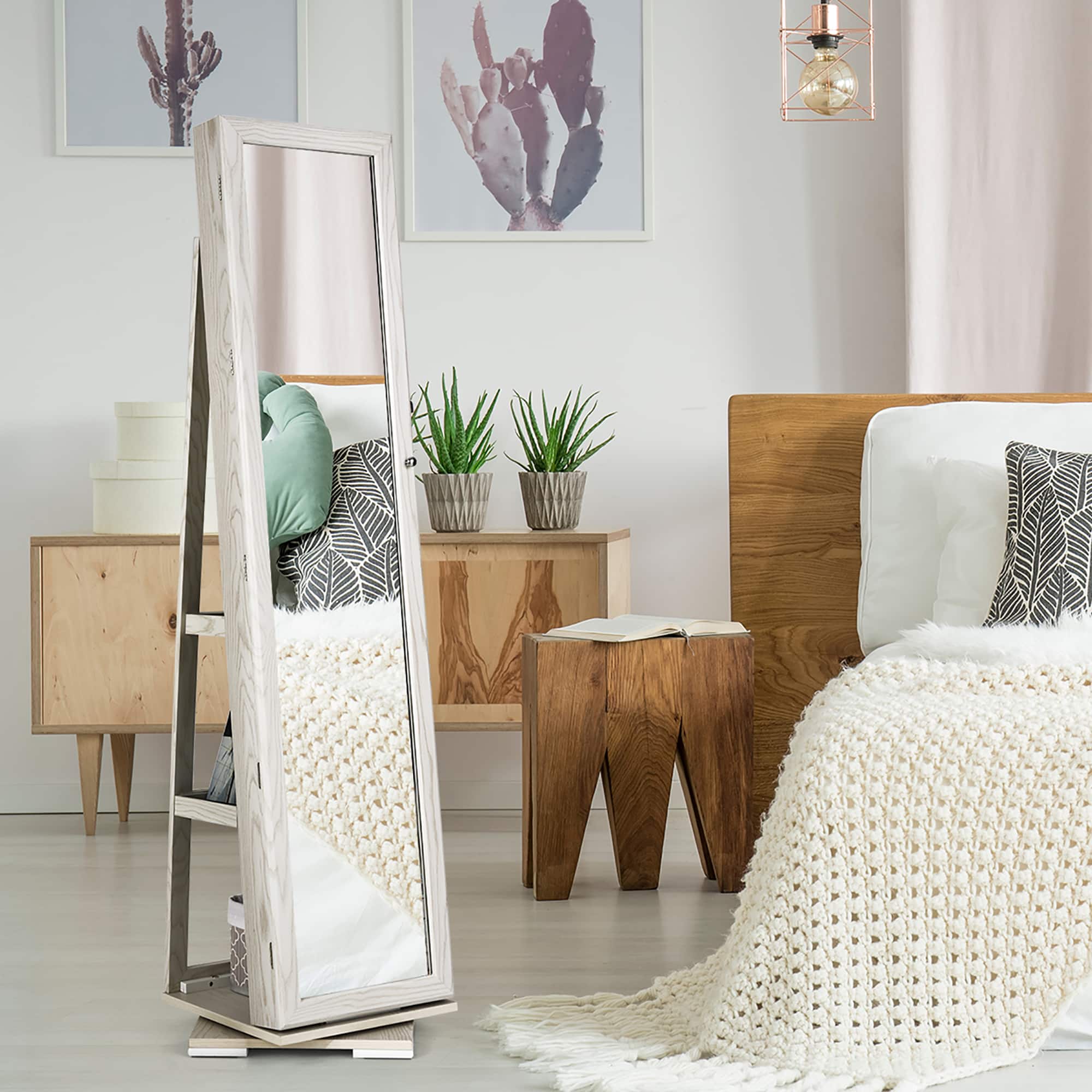 Left. Costway - 360degree Rotatable Jewelry Cabinet 2-in-1 Lockable Mirrored Organizer White - White.