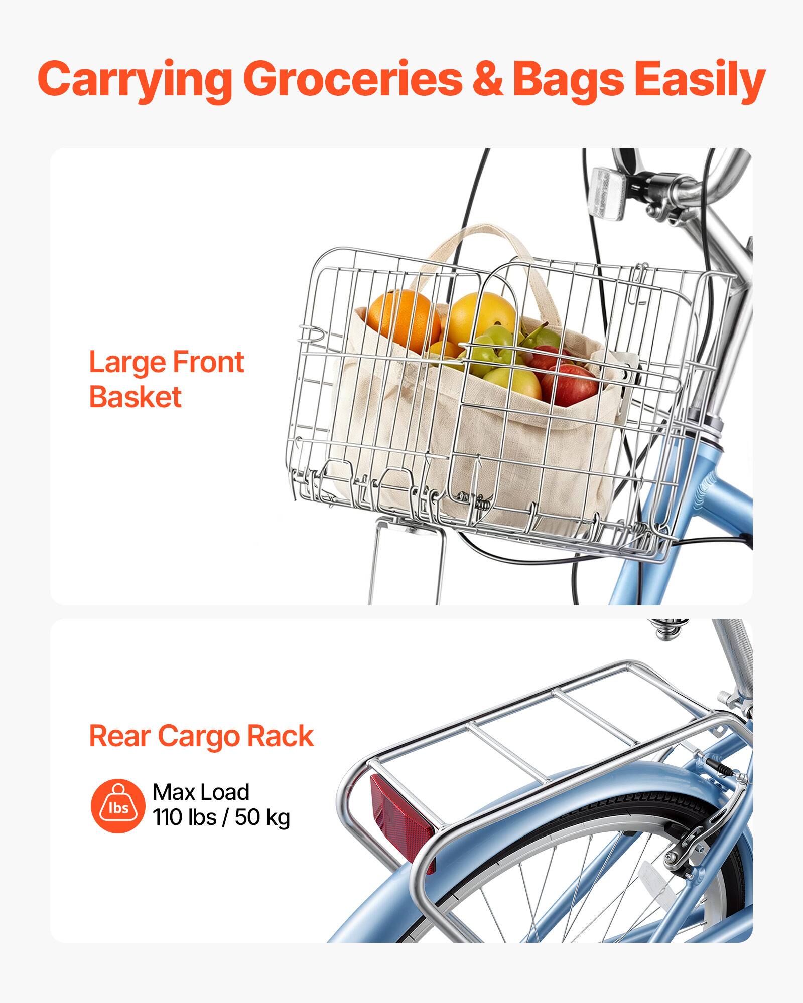 Carrying Groceries & Bags Easily

Large Front Basket

Rear Cargo Rack

Max Load
110 lbs / 50 kg