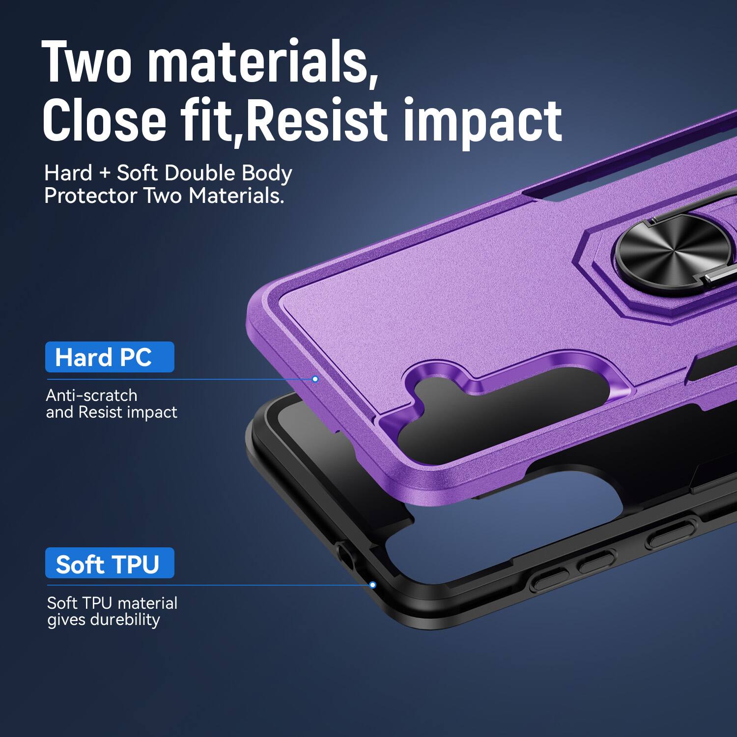 Two materials, Close fit, Resist impact  
Hard + Soft Double Body Protector Two Materials.  
Hard PC  
Anti-scratch and Resist impact  
Soft TPU  
Soft TPU material gives durability