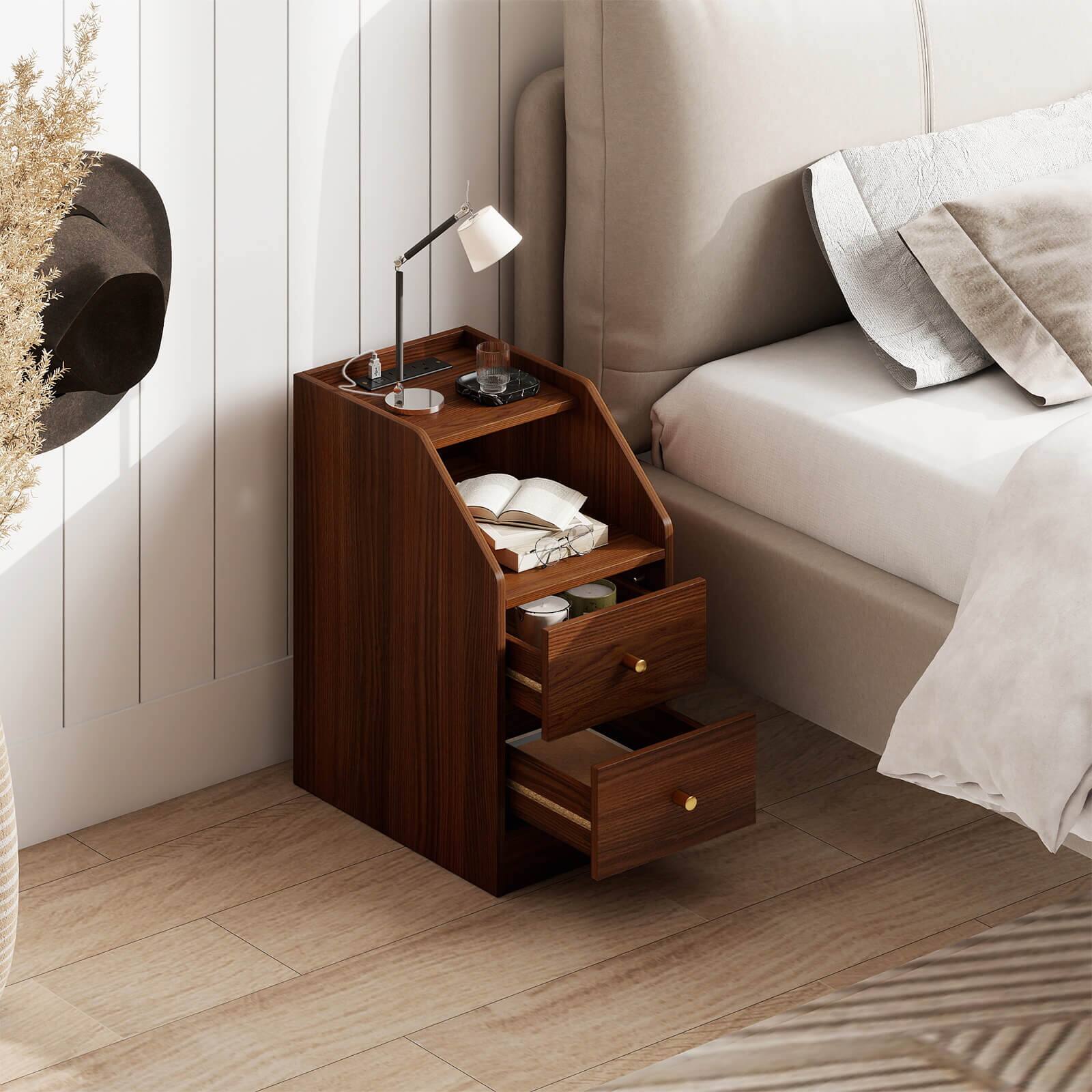 Alt View 4. Costway - Costway Side Table with Charging Station, Storage Drawers, Sofa Couch Table for Small Space - Walnut.