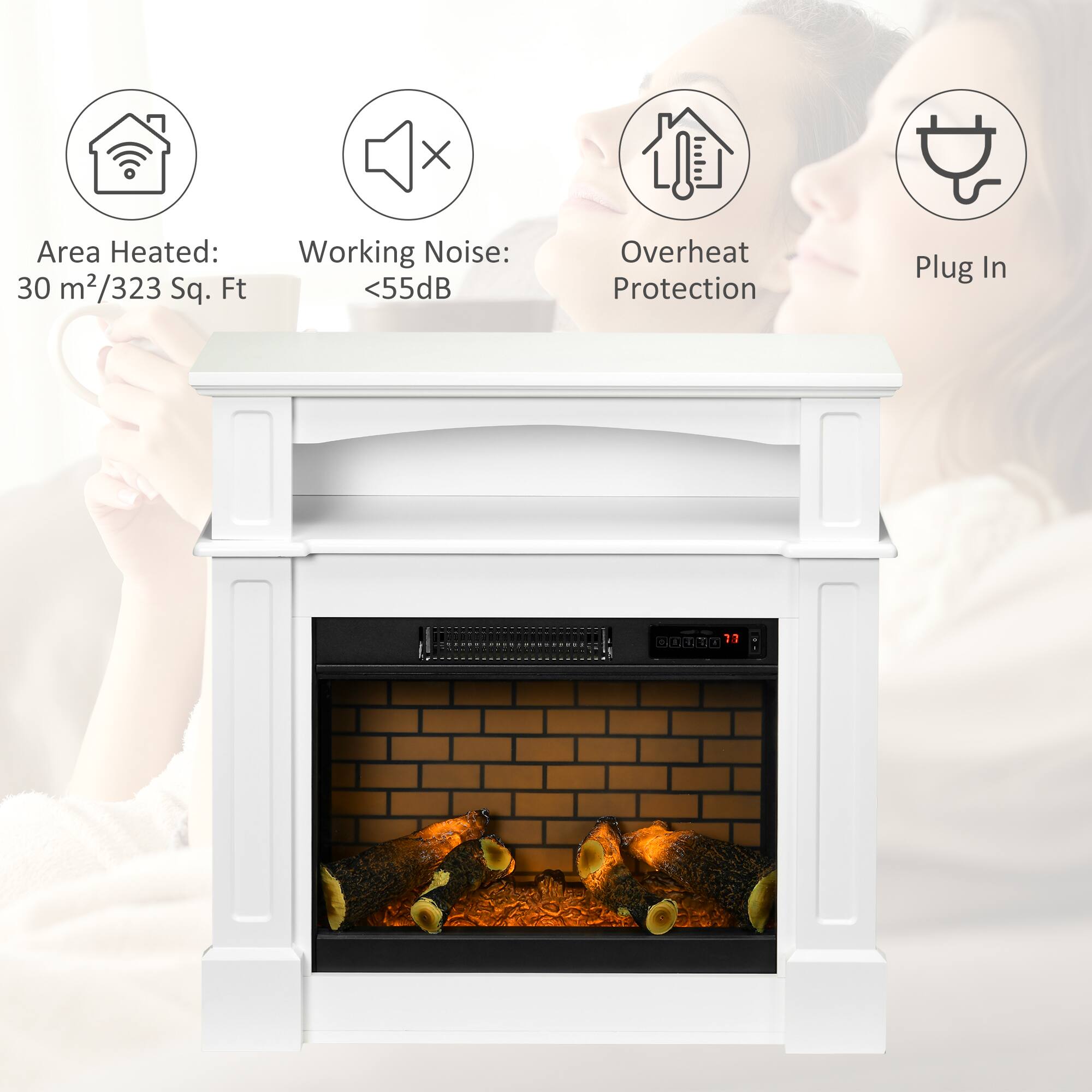 Area Heated: 30 m²/323 Sq. Ft  
Working Noise: <55dB  
Overheat Protection  
Plug In