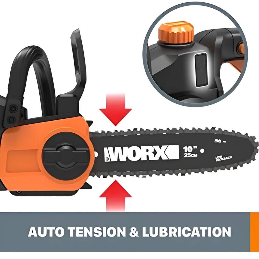 The text on the image reads: "10" WORX 25c d LOW RDCOLACE AUTO TENSION & LUBRICATION".