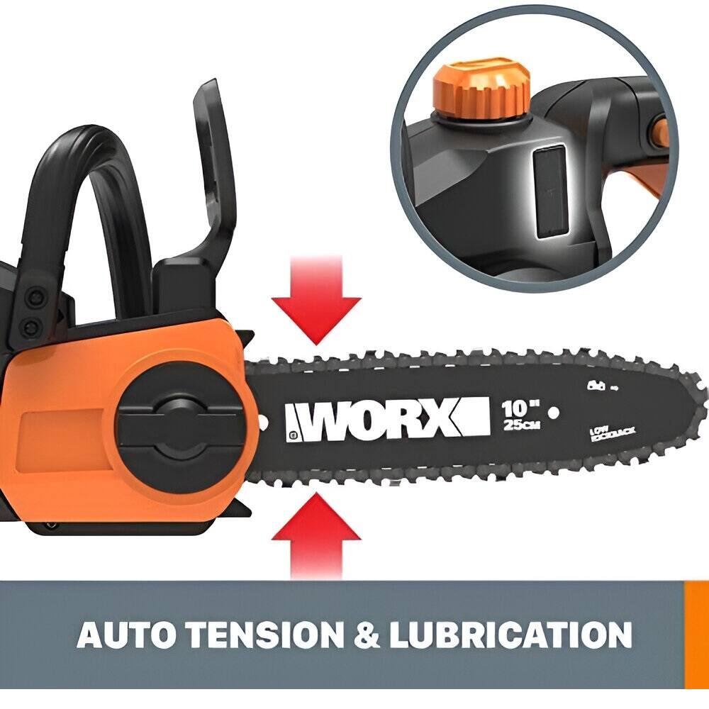 The text on the image reads: "10" WORX 25c d LOW RDCOLACE AUTO TENSION & LUBRICATION".