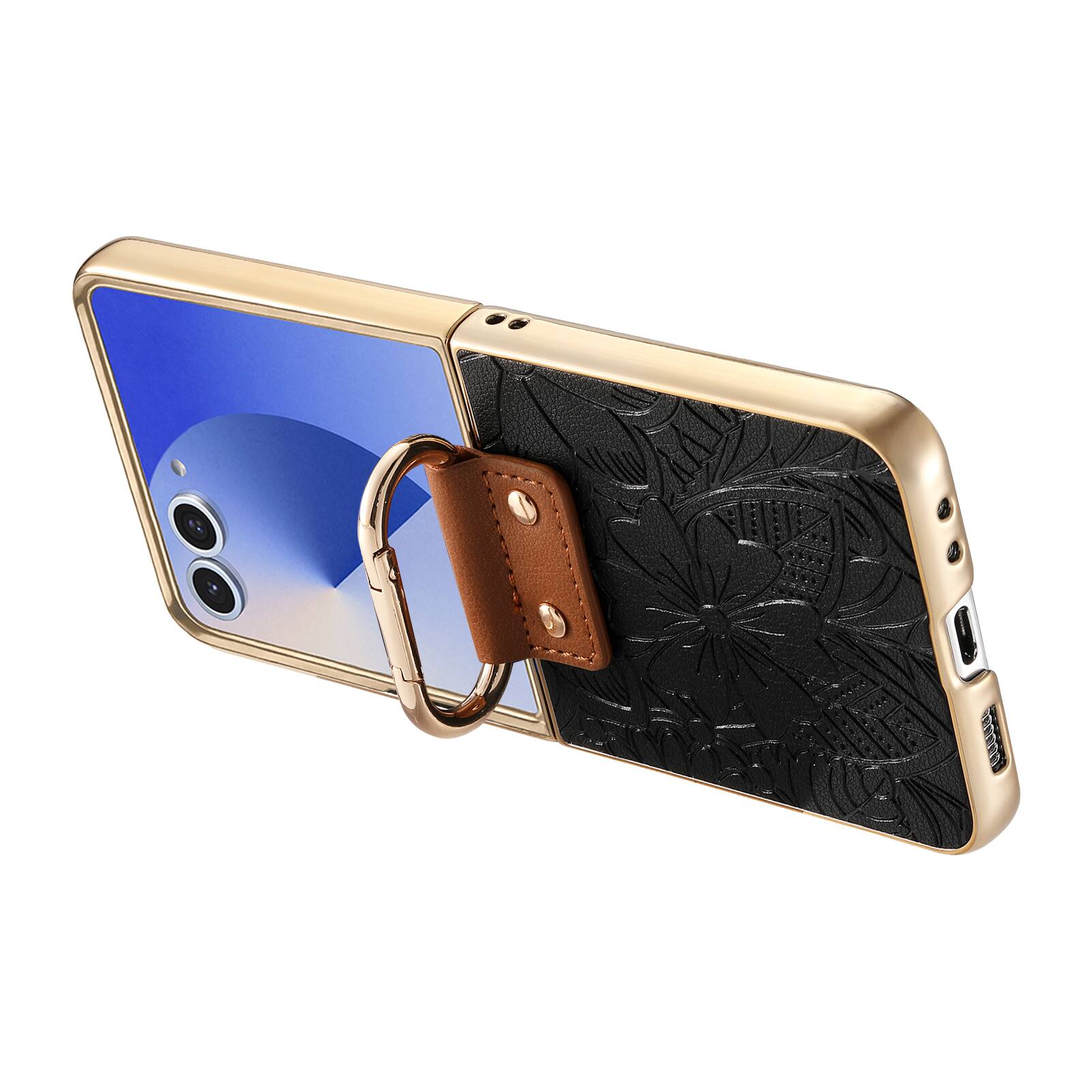 Alt View 2. Dteck - Shockproof Floral Leather Texture Case for Samsung Galaxy Z Flip8, Electroplated Rigid Plastic Cover with Ring Holder - Black.