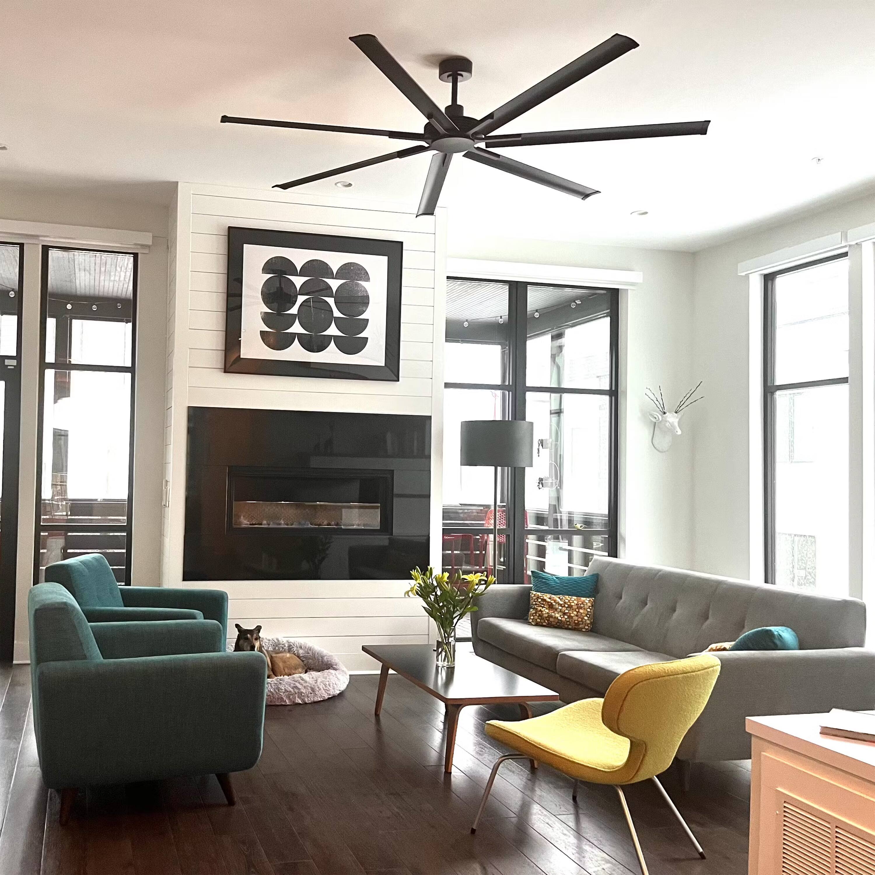 Left. Parrot Uncle - 100" Industrial Aluminum 7-Blade Black Extra Large Ceiling Fan with Remote - Matte Black.