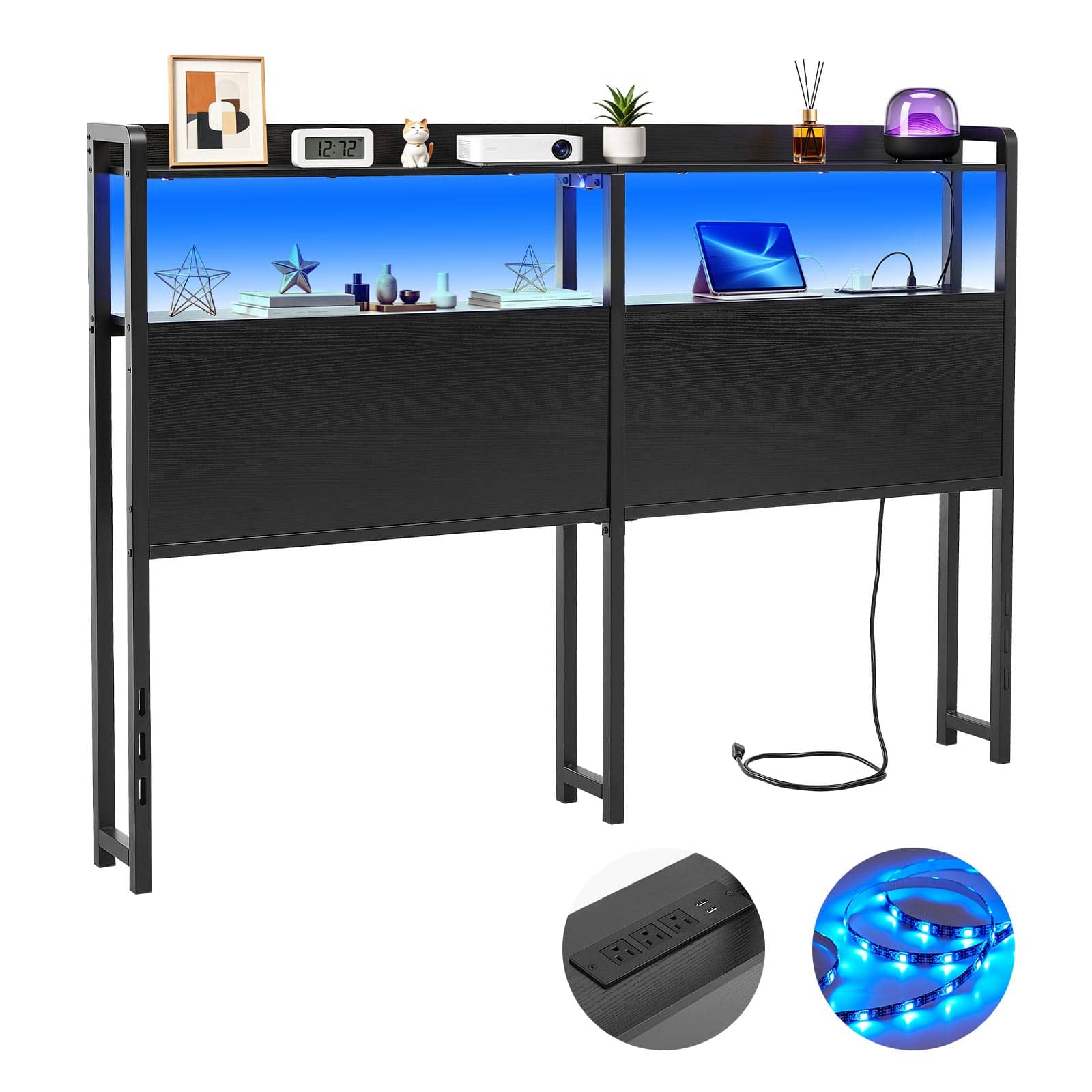 VEVOR - Headboard for Queen Size Bed, with 2 Storage Shelves, LED Light, 3 Outlets, and 3 USB Ports, Sturdy and Stable Carbon - Black price history on PriceWatchPro