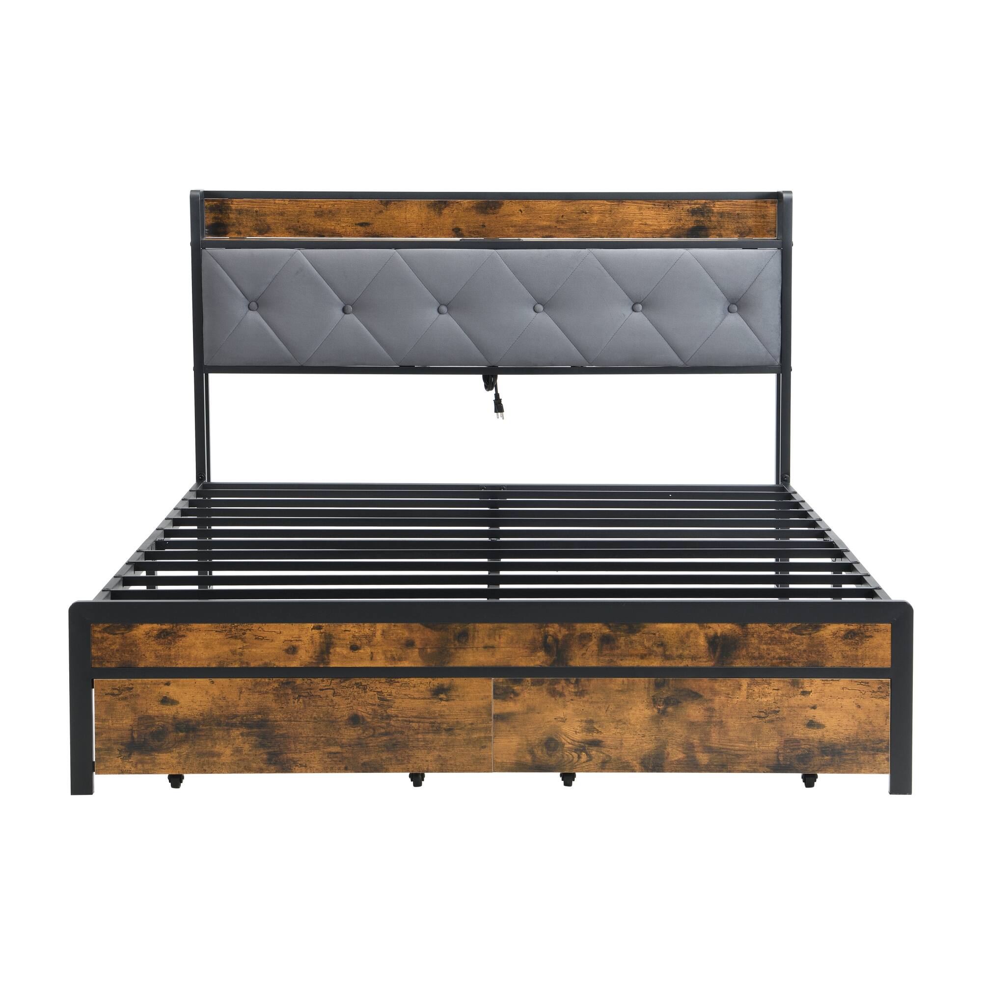 Alt View 2. GOODSILO - Modern LED Bed Frame with Storage Drawers and USB Charging Station, Upholstered Headboard, No Box Spring Needed - Brown+Gray.