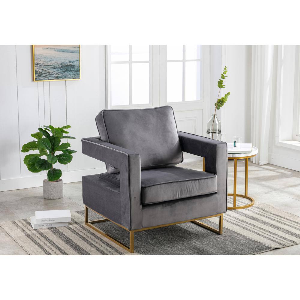 Alt View 4. Carolina Chair & Table - Adadon Velvet Upholstered Armchair - Gray - Gray, Gold.
