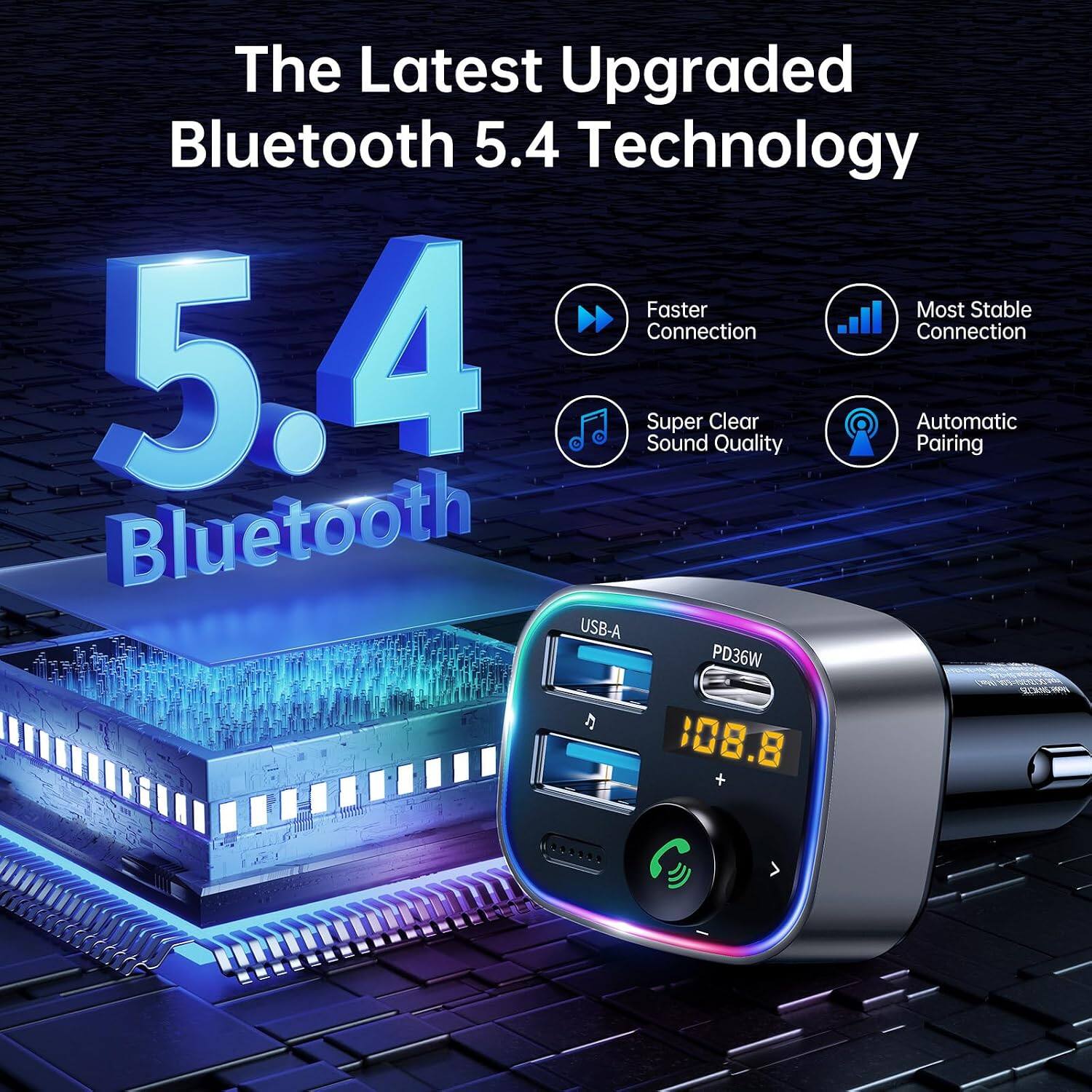 The Latest Upgraded Bluetooth 5.4 Technology  
Faster Most Stable Connection  
Super Sound Clear Quality  
Automatic Pairing  
Bluetooth USB-A PD36W  
2016 7991 108.8