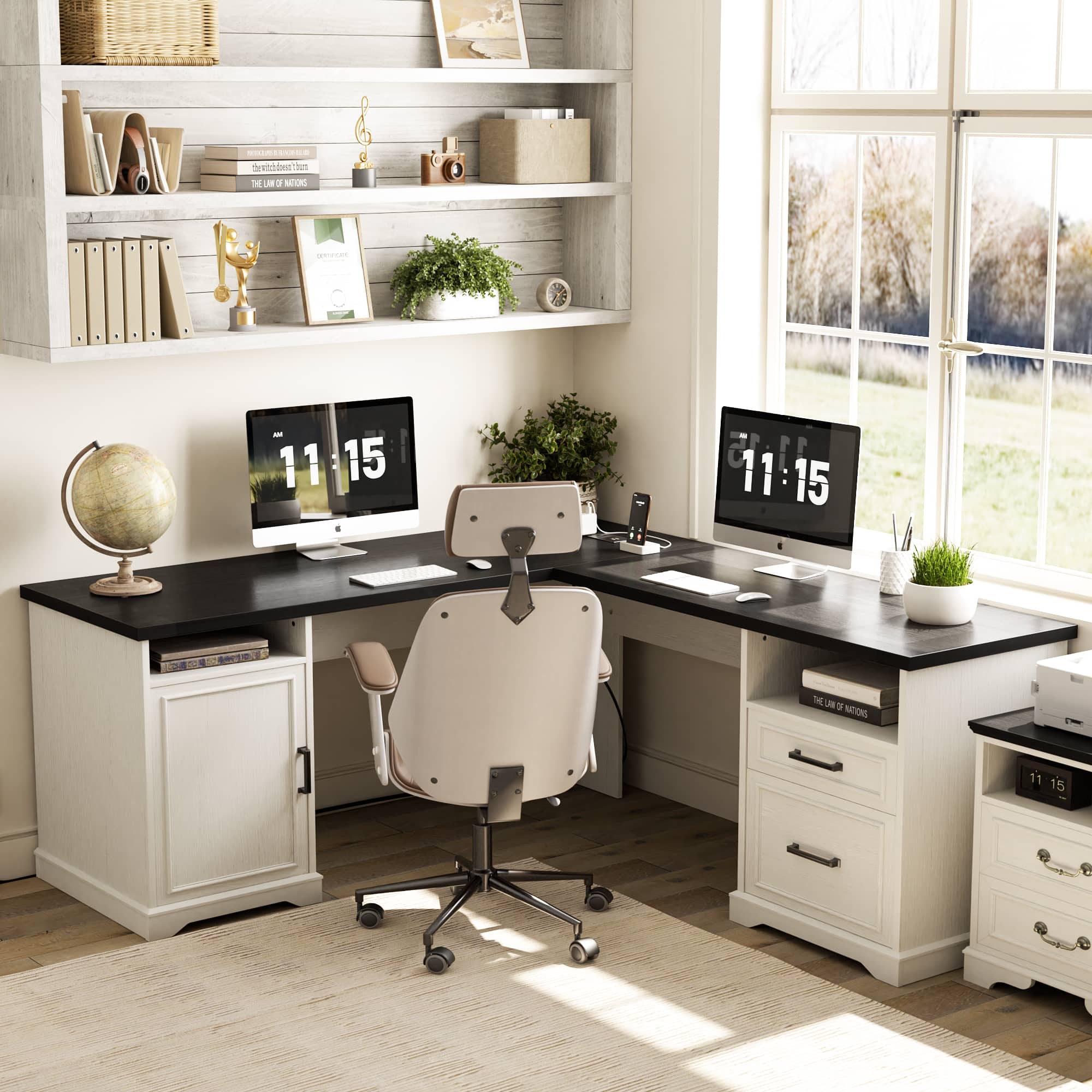 Aheaplus - L Shaped Desk with Charging Station, 60'' Computer Desk Workstation with File Cabinet and Drawers for Home & Office - White & Black