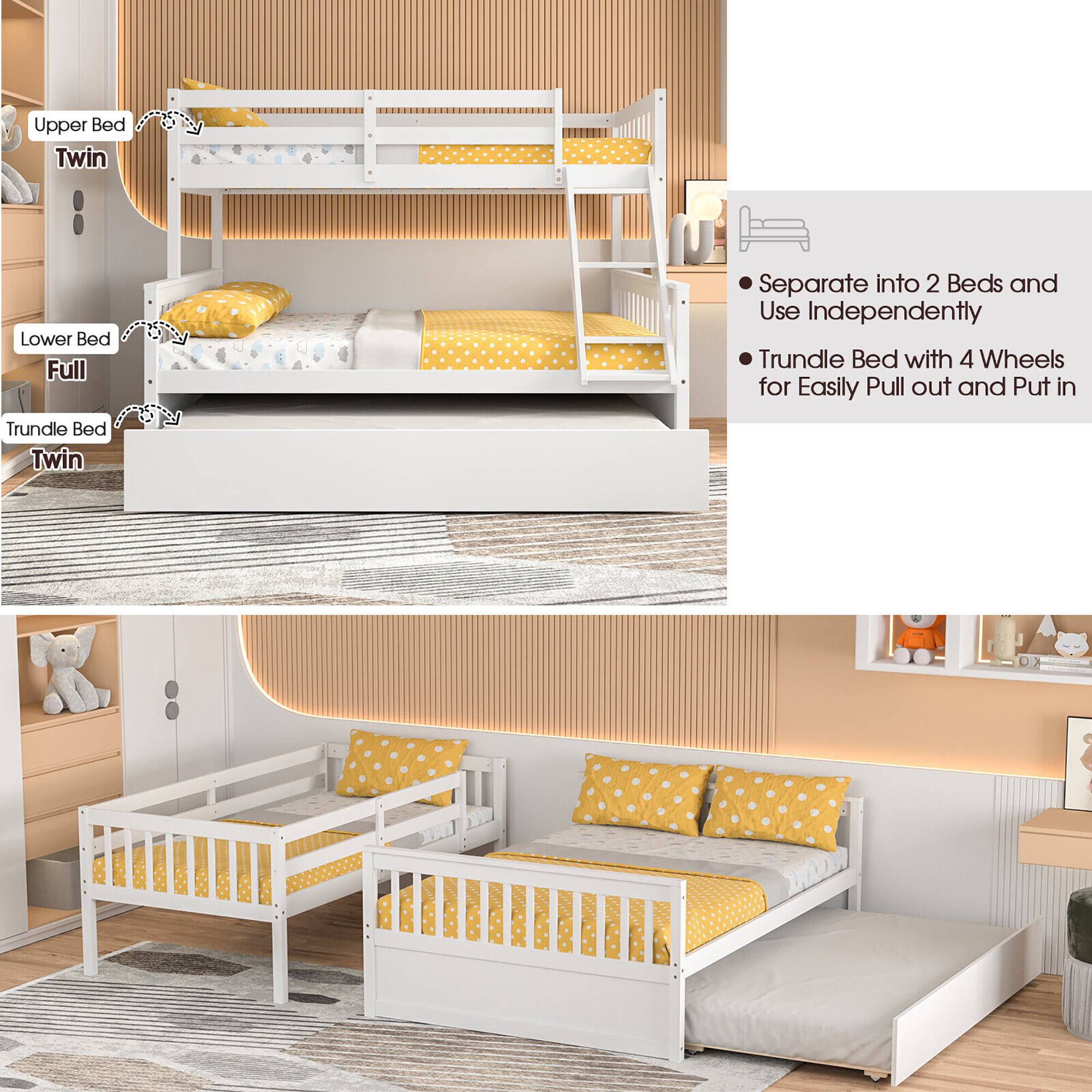 Upper Bed: Twin  
Lower Bed: Full  
Trundle Bed: Twin  

- Separate into 2 Beds and Use Independently  
- Trundle Bed with 4 Wheels for Easily Pull out and Put in