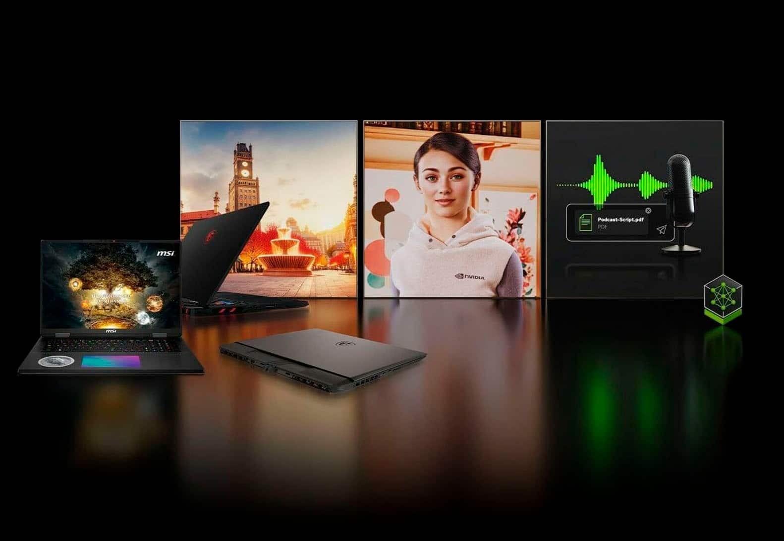 The image features a variety of electronic devices, including a laptop, a desktop computer, a monitor, and a TV. The laptop is placed on the left side of the image, while the desktop computer is situated in the middle. The monitor is positioned on the right side, and the TV is located at the top right corner. The image also includes a woman's face, which is displayed on the monitor.