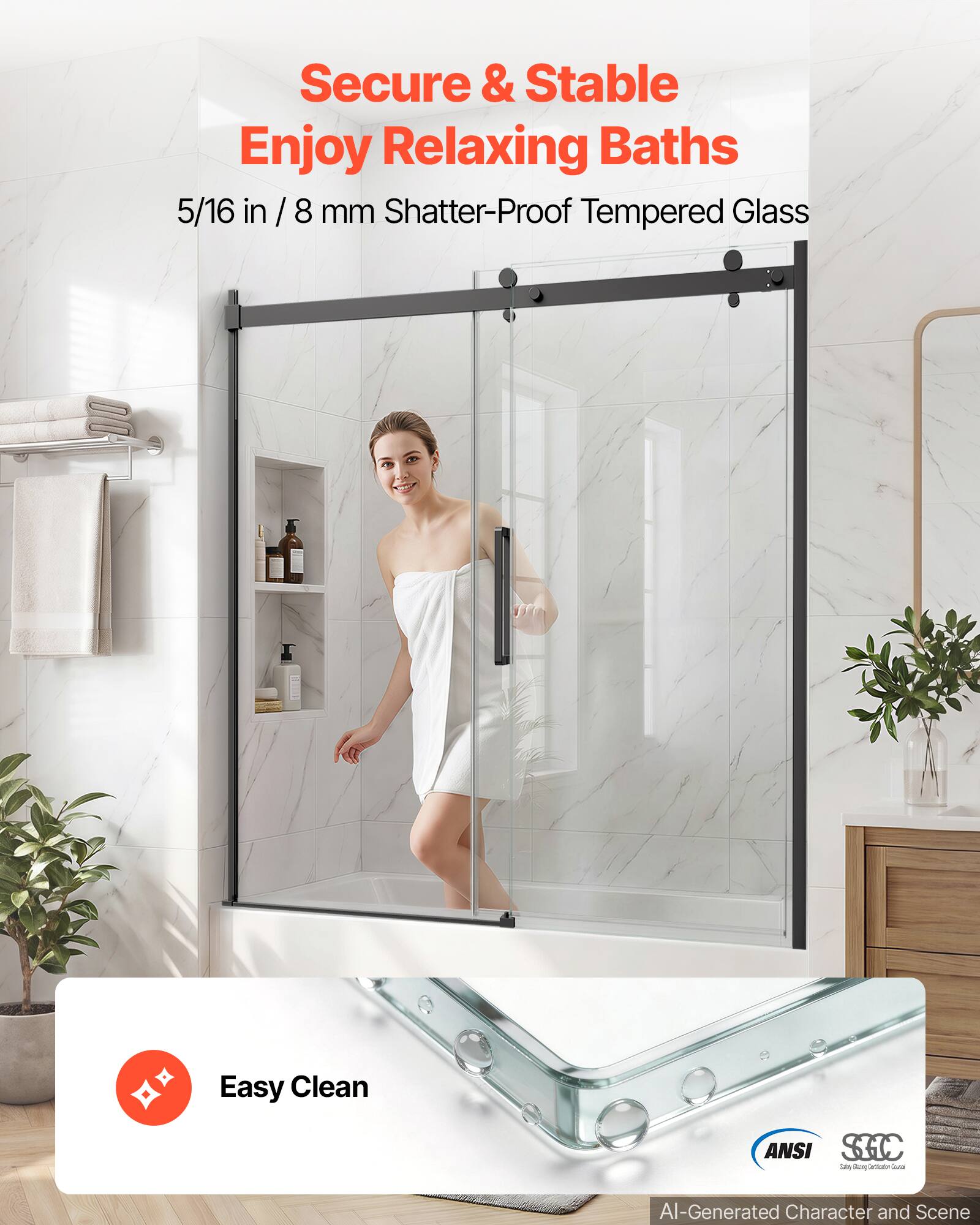 Secure & Stable  
Enjoy Relaxing Baths  
5/16 in / 8 mm Shatter-Proof Tempered Glass  
Easy Clean  
ANSI SGC  
AI-Generated Character and Scene