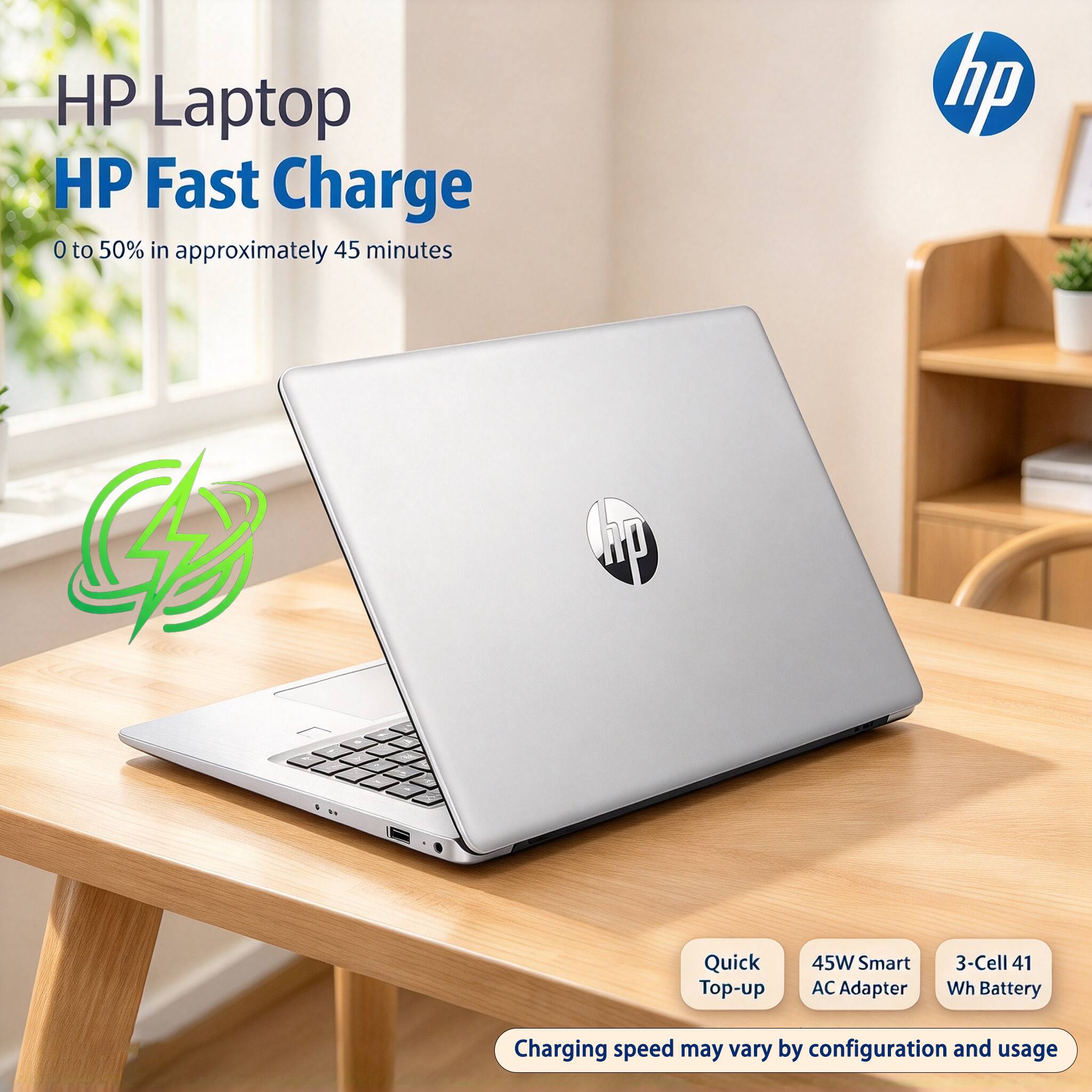 HP Laptop HP Fast Charge 0 to 50% in approximately 45 minutes

hp

Quick Top-up
45W Smart AC Adapter
3-Cell 41 Wh Battery
Charging speed may vary by configuration and usage