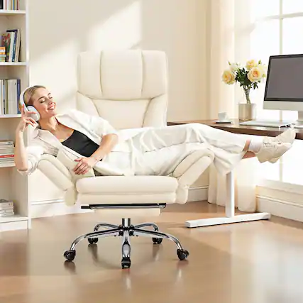 Front. Brick Attic - 500LBS Plus Ergonomic Office Chair with Footrest, Wide Cross Legged Executive Chair with Reversible Armrests, 120°Tilt - Milky White.