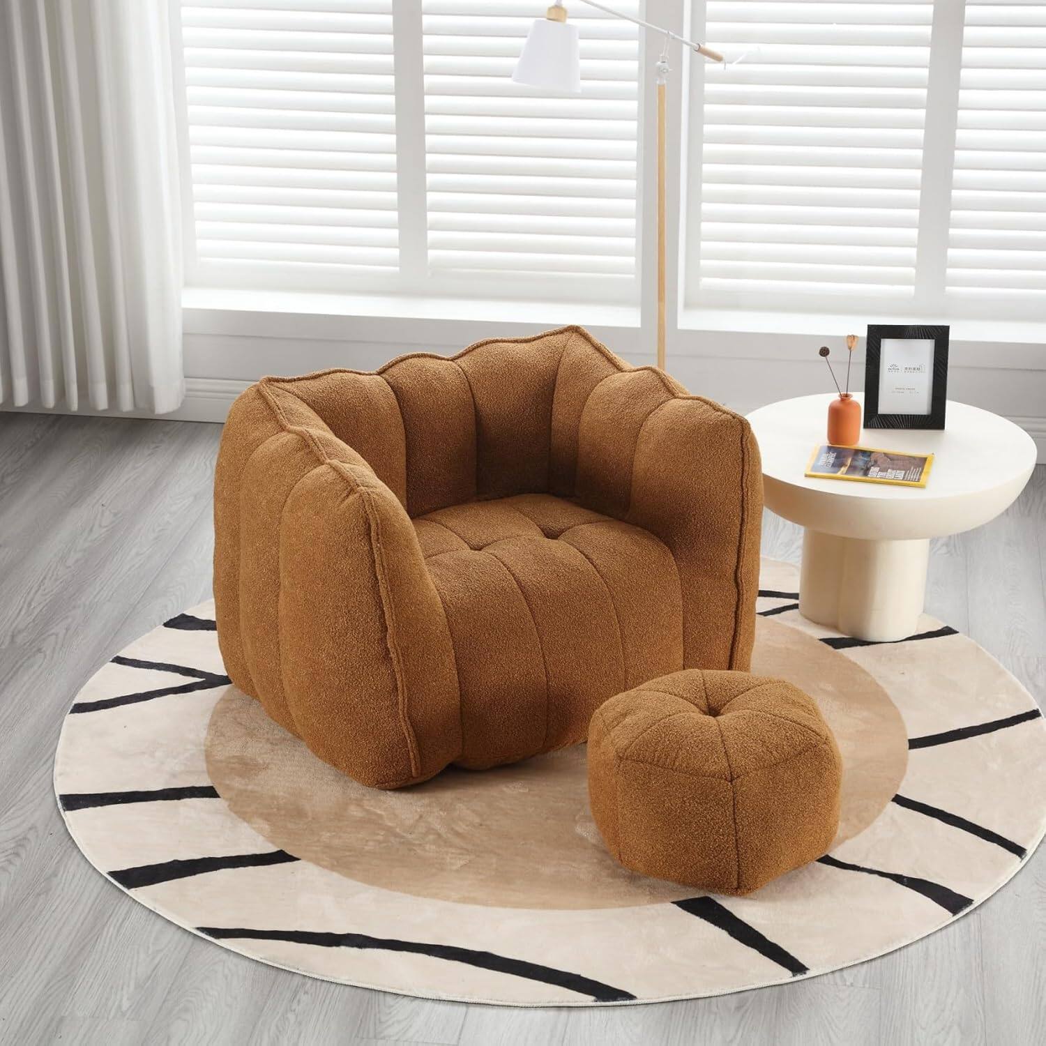 Alt View 5. Trinkets Crazed - Chenille Giant Bean Bag Sleeper Chair with Ottoman, Adults and Kids Lazy Floor Sofa Couch - khaki+yellow.