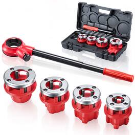 VEVOR - Ratchet Pipe Threader Kit with 4 Dies, 1/2" NPT, 3/4" NPT, 1" NPT, 1-1/4" NPT Manual Ratcheting Pipe Threading Tool - Red