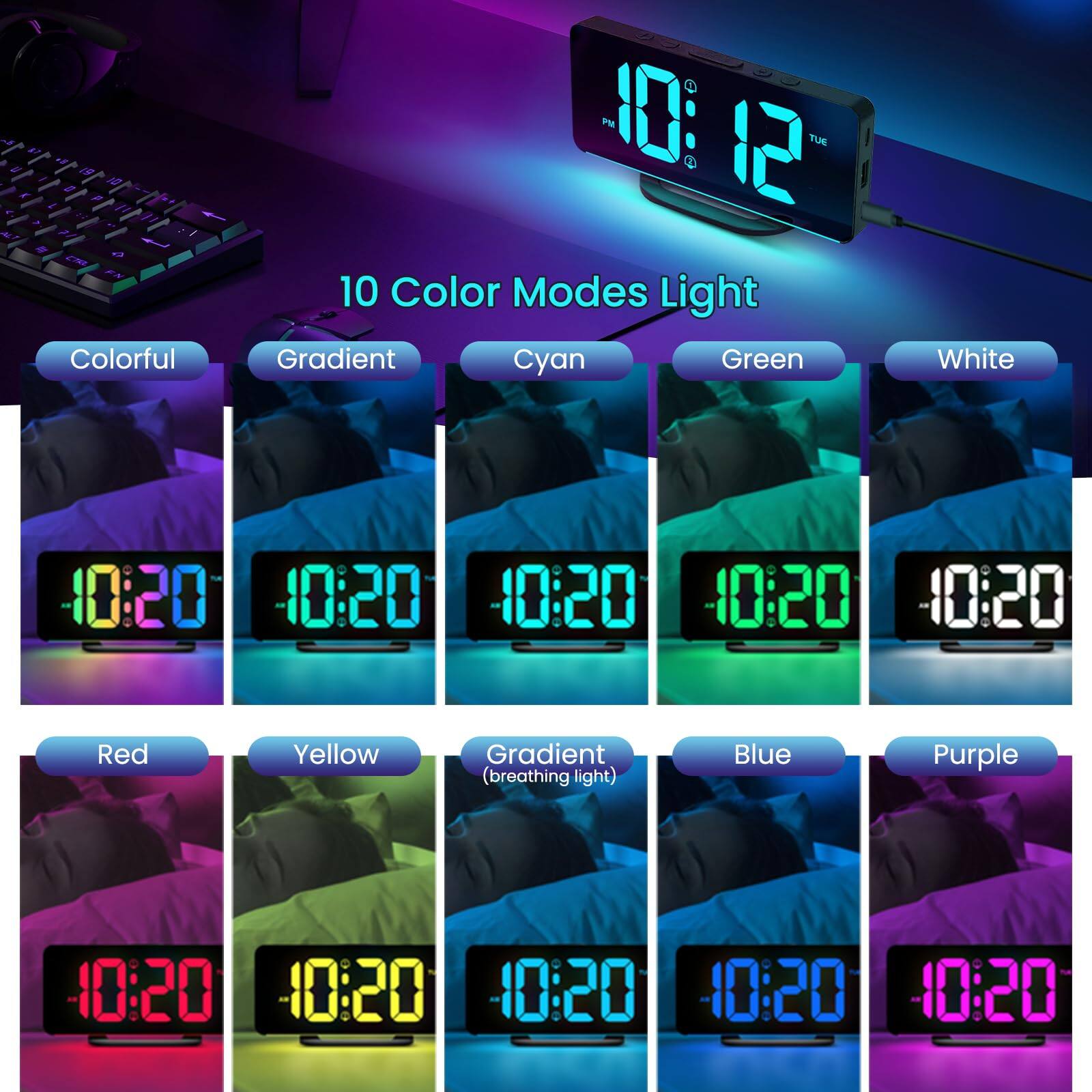 d - - 18 e 1 2 - - - E Colorful 4 10 P 5 TUE 10 Color Modes Light Gradient Cyan Green White 10:20 10:20 10:20 10:20 10:20 Red Yellow Gradient (breathing light) Blue Purple 10:20 10:20 10:20 10:20 10:20