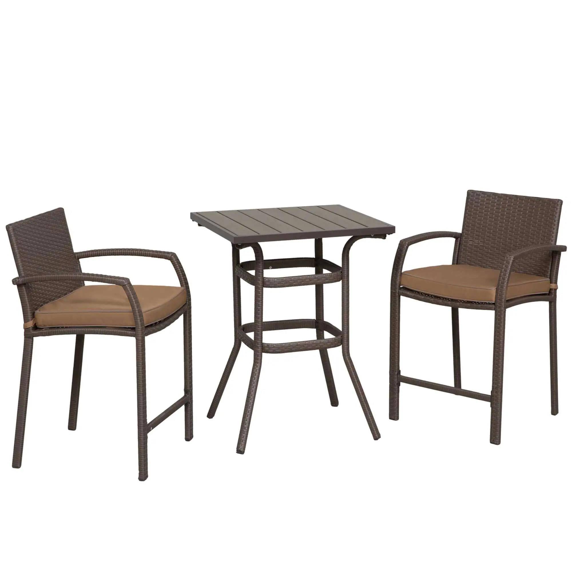 Angle. Resenkos - Resenkos 3 PCS Rattan Wicker Bar Set, 1 Table And 2 Stools, Mixed Brown - Mixed Brown.