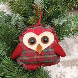 Angle. BreeBe - Red Plaid Owl Ornament - Red.