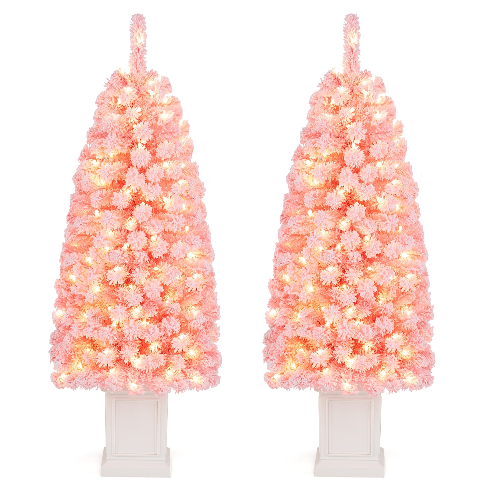 Costway - 2 PCS 4 FT Artificial Xmas Tree with 224 Full Branch Tips, 100 Warm White LED Lights - Pink
