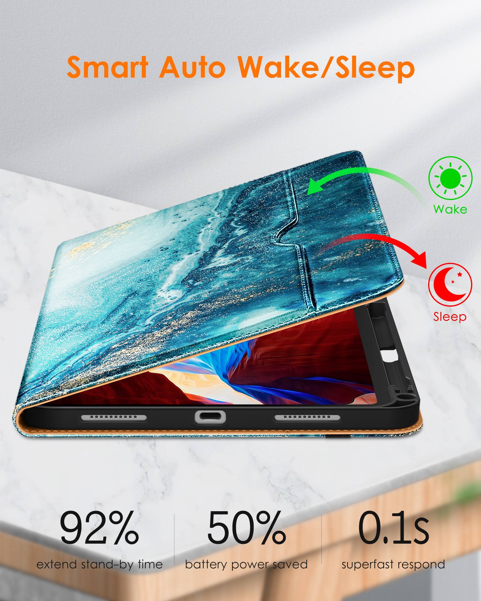 Smart Auto Wake/Sleep

- 92% extend stand-by time
- 50% battery power saved
- 0.1s superfast respond

Wake
Sleep