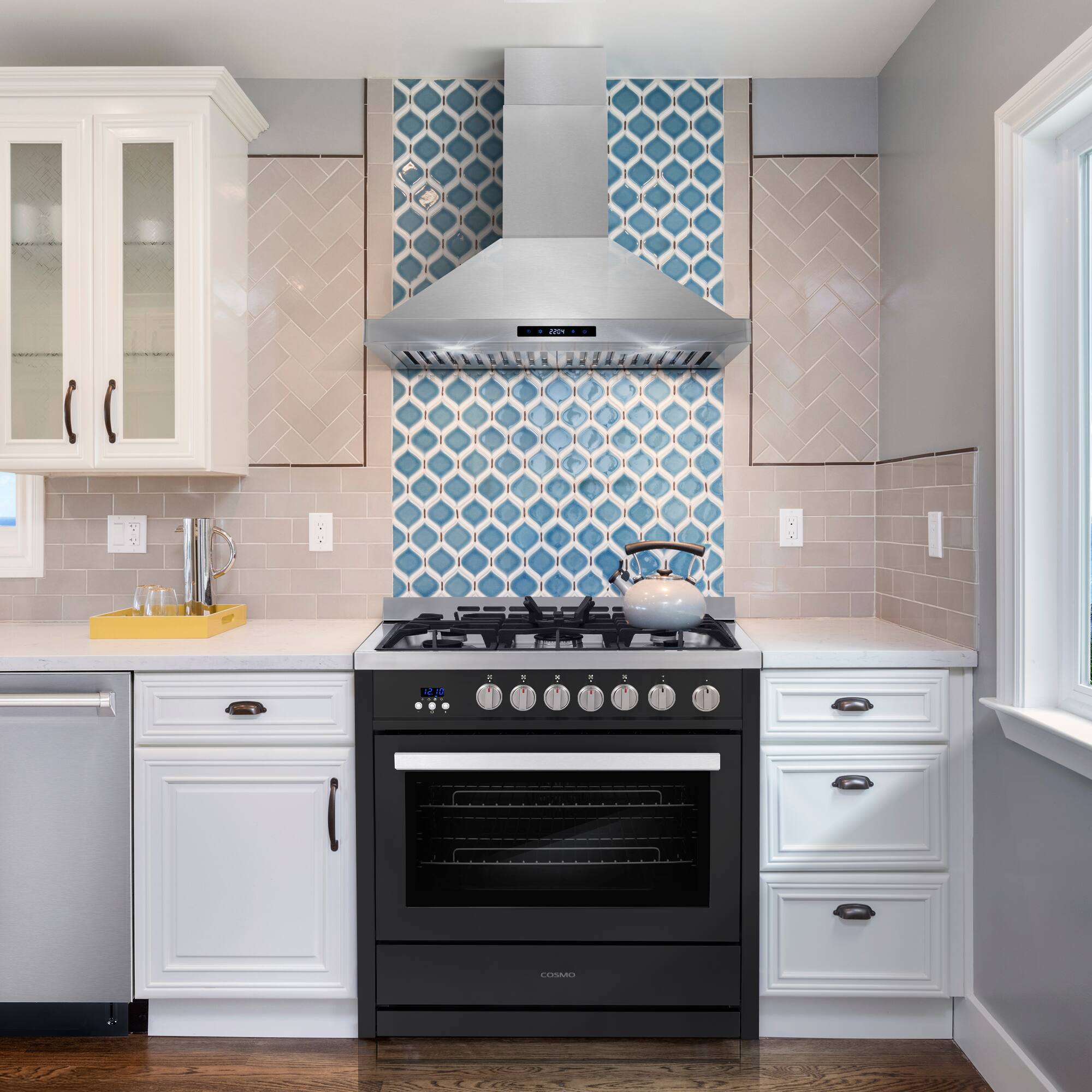 Angle. COSMO - COS-965AGC-BKS 36 in. Nebula Collection 3.8 cu. ft. Gas Range, 5 Burners, Rapid Convection Oven, Cast Iron Grates - Matte Black.