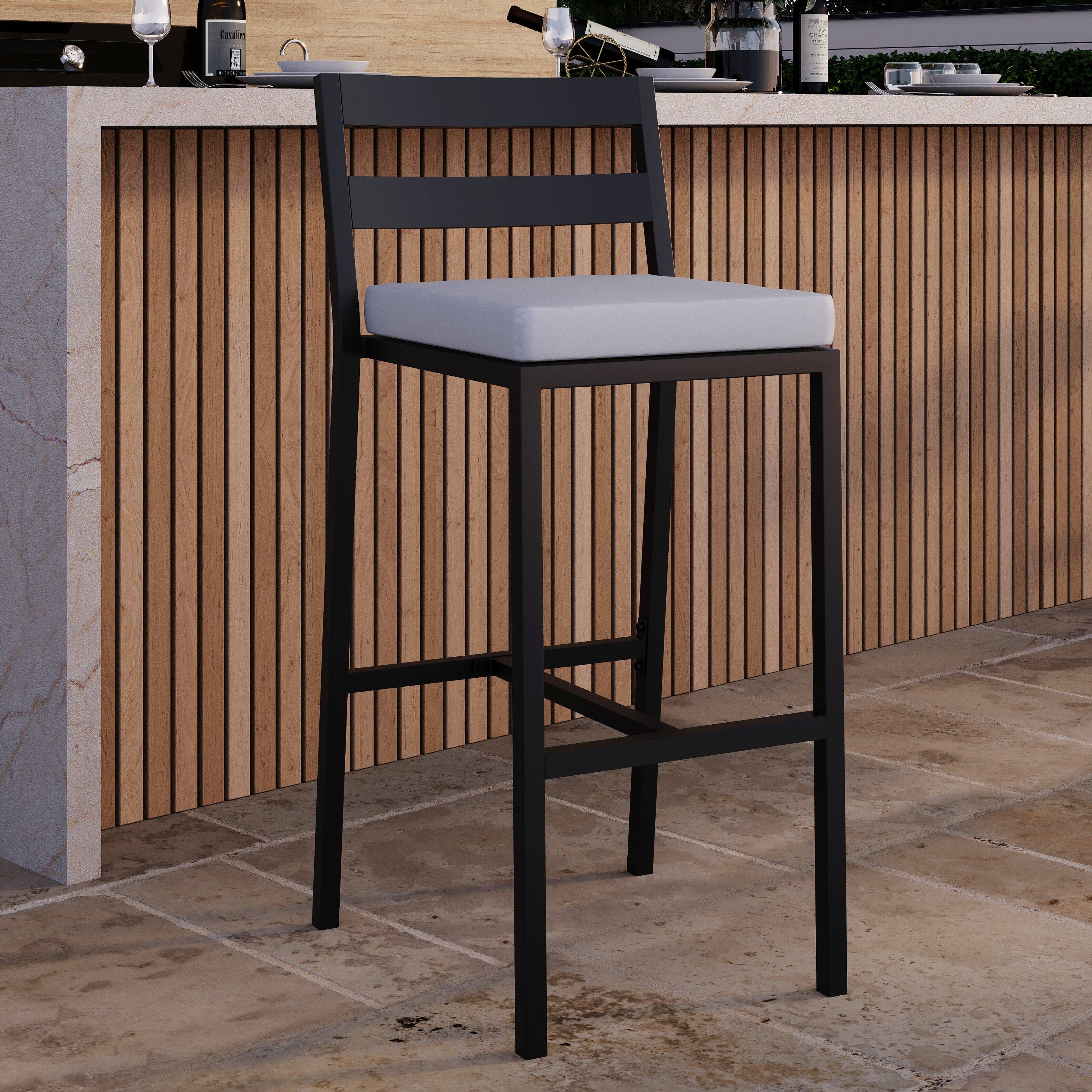 Left. LeisureMod - Chelsea 2-PCS Modern Patio Barstool, Rust-Proof Aluminum Low Back Outdoor Bar Stool with Olefin Cushion - Light Grey.